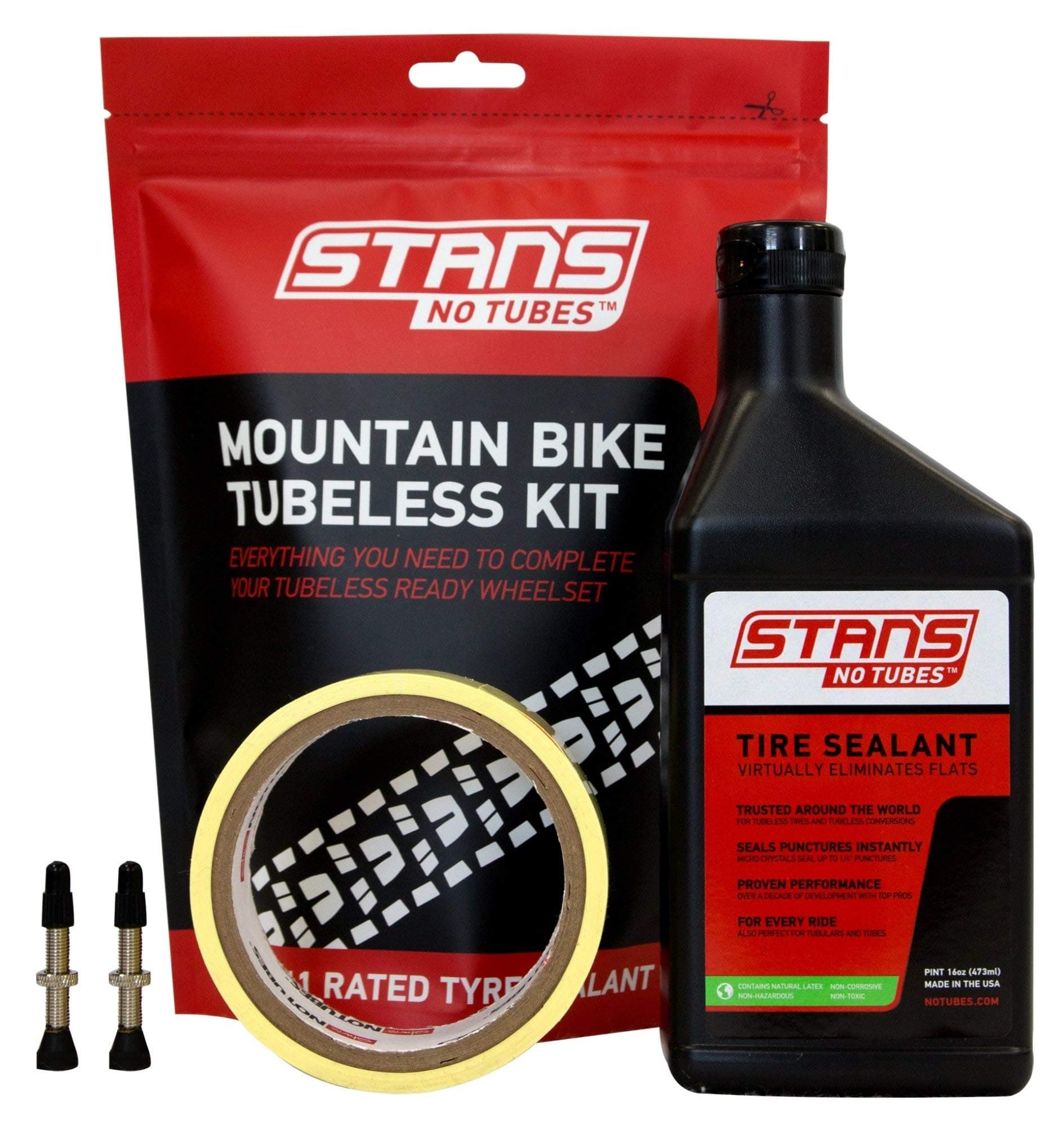 Stan's NoTubes - Mountain Bike Tubeless Set Up Kit Includes 10yd x 27mm Rim Tape, 35mm Brass Valves with Removable Valve Core & Pint (473ml) of Sealant