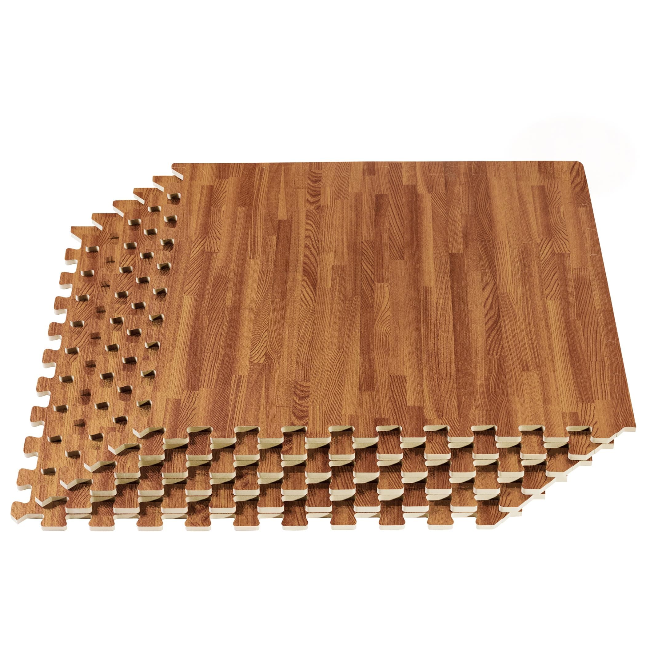 We Sell Mats Forest Floor Thick Printed Foam Tiles, Premium Wood Grain Interlocking Foam Floor Anti-Fatigue Flooring, 3/8" Thick, 16 Square Feet (4 Tiles), Mahogany