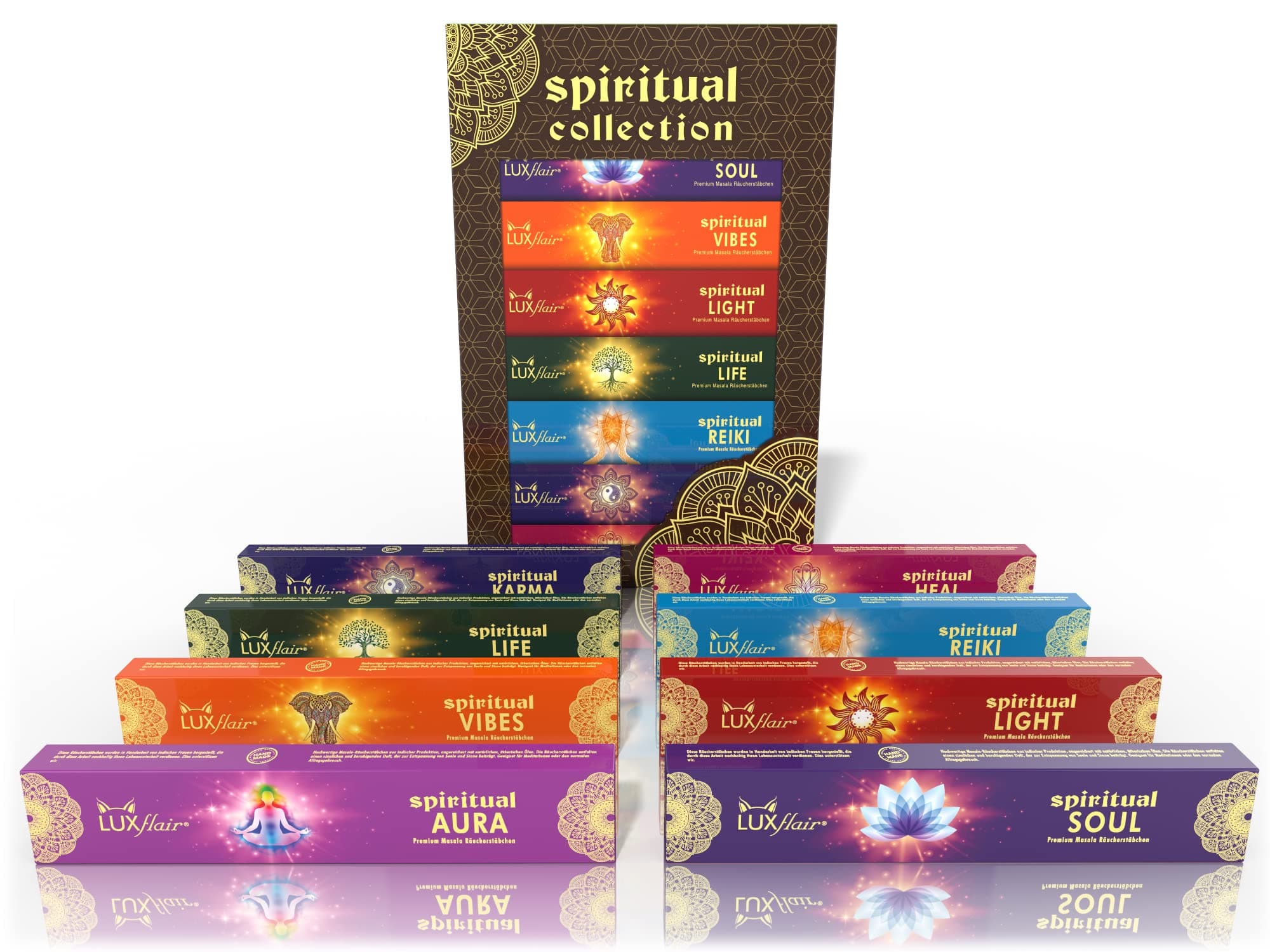 Luxflair Premium masala incense stick set: spiritual collection (Guru, Wisdom, Mantra, Mandala, Yoga, 7 Chakras, Nirvana, Srishti)