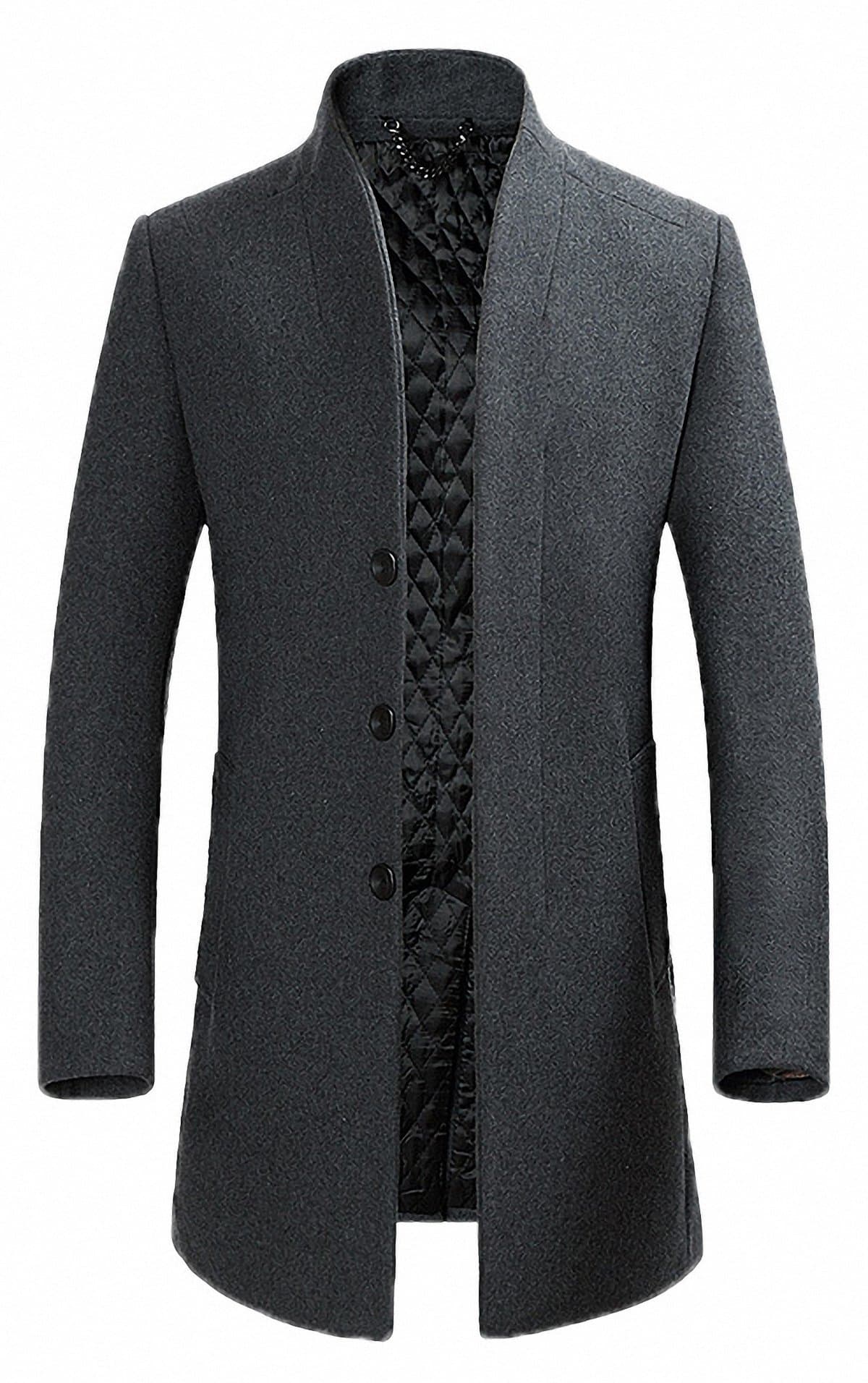 Men's Classical France Style Stand Collar Warm Wool Coat #00001W Gray M