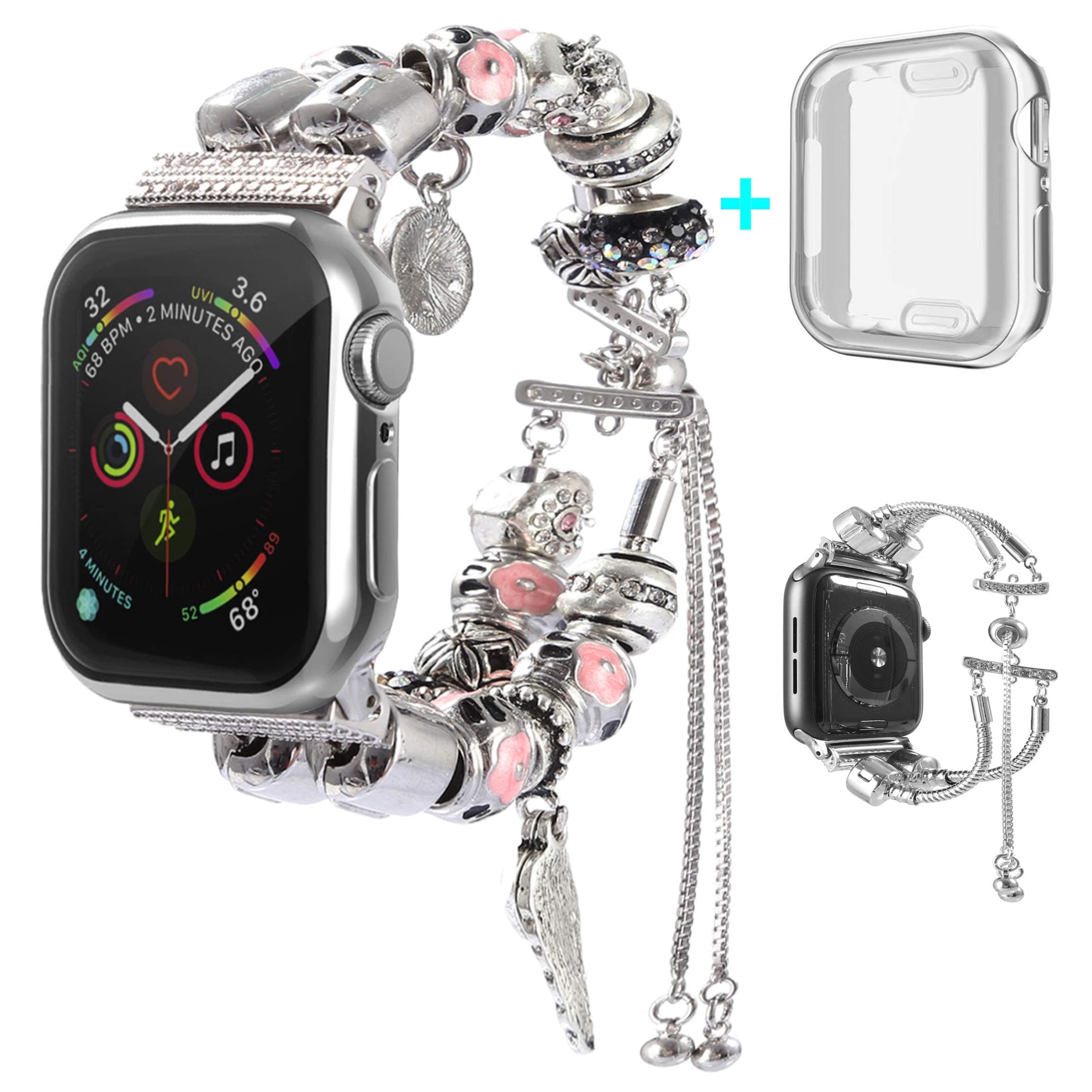 KoudHug 2 in 1 DIY Bracelet Compatible Apple Watch Band 38mm 40mm 42mm 44mm with Case iWatch Series 4 3 2 1, Jewelry Beaded Apple Watch Band Women Cuff Wristband (Silver, 42mm Band/Case)