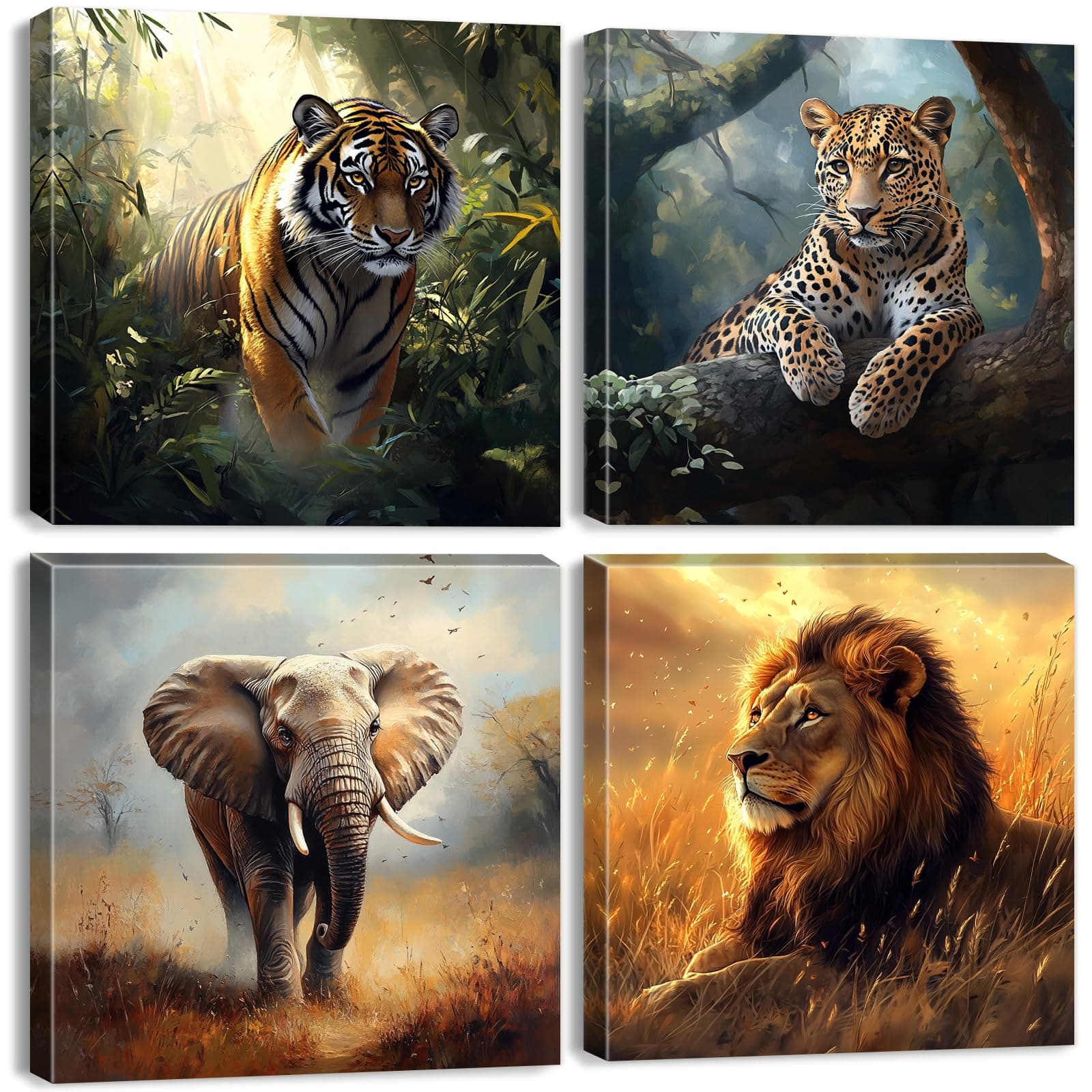 Wild Animal Wall Art Wildlife Safari Wall Decor for Nursery Vintage African Lion Elephant Canvas Pictures Tiger Panther Posters Jungle Forest Animals Paintings Artwork Living Room Decoration 12x12" 4P