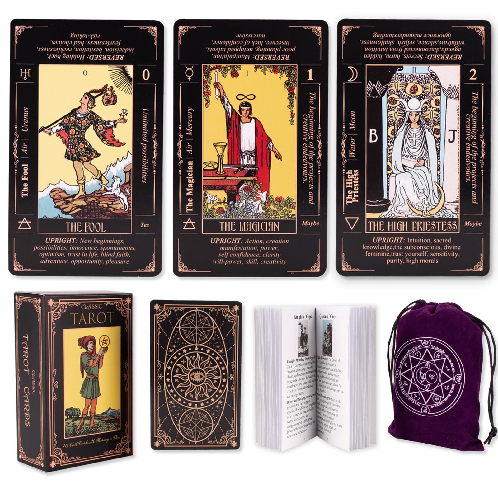Tarot Cards for Beginners, Classic Tarot Deck with Meanings, Durable Cards with Guide Book, Black