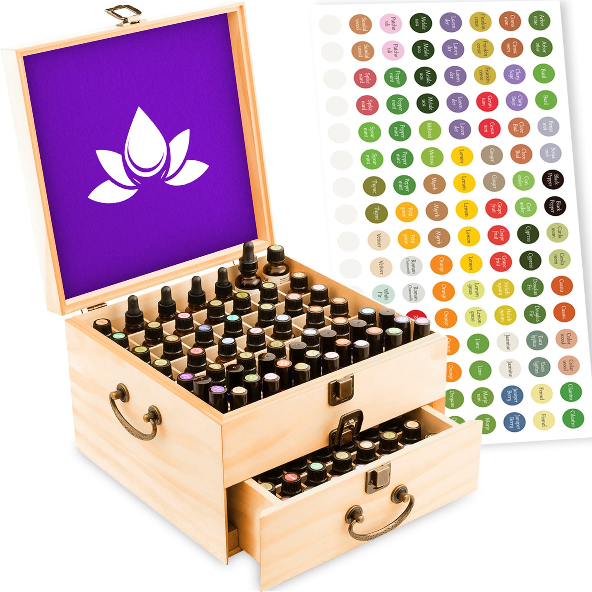 Essential Oil Box - Wooden Storage Case with Handle. Holds 98 Bottles & Roller Balls. 2 Tier Space Saver. Sealed Natural Finish. Large Organizer Best for Keeping Your Oils Safe. Free EO Labels