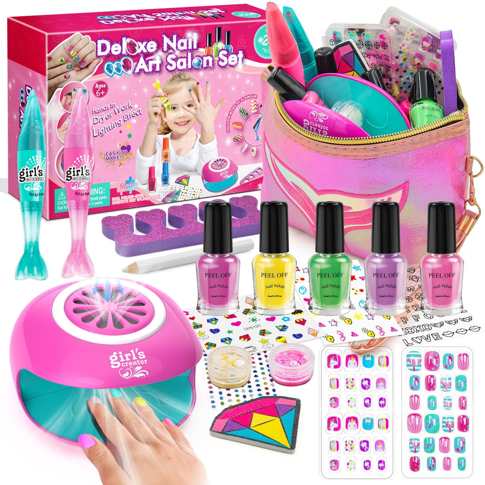 Amagoing Kids Nail Polish Set for Girls, Girls Nail Kit Ages 7-12 with Nail Dryer, Quick-Dry Nail Polish, Nail Art Pens, Cartoon Press on Nail, Makeup Bag, Spa Manicures Birthday Christmas Gift Toy