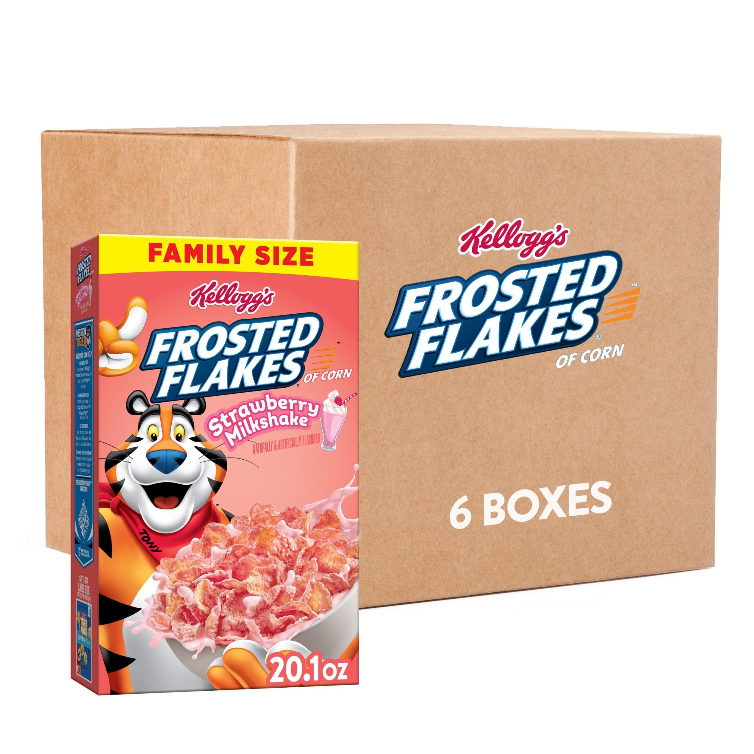 Kellogg's Frosted Flakes Breakfast Cereal, Kids Cereal, Family Breakfast, Family Size, Strawberry Milkshake (6 Boxes)