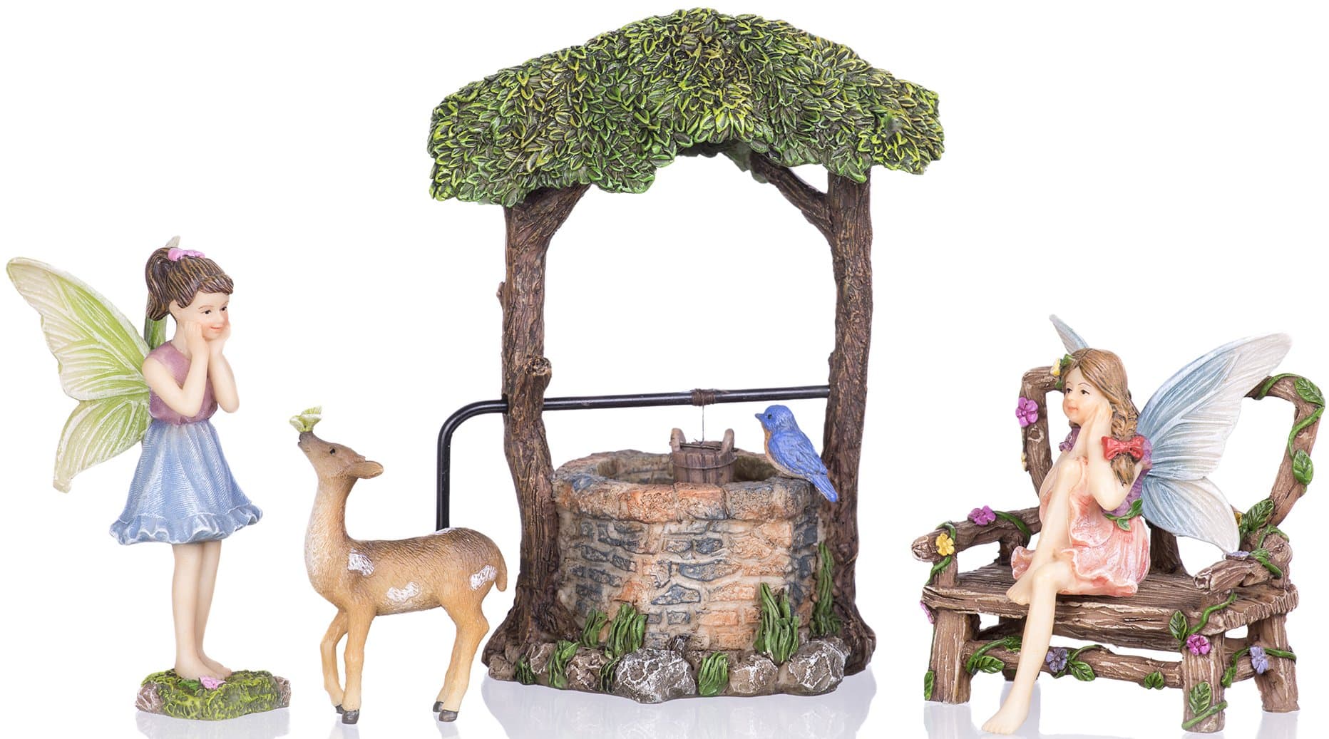 Joykick Fairy Garden Wishing Well Kit - Miniature Hand Painted Figurine Statues with Accessories - Set of 5pcs for Your House or Lawn Decor