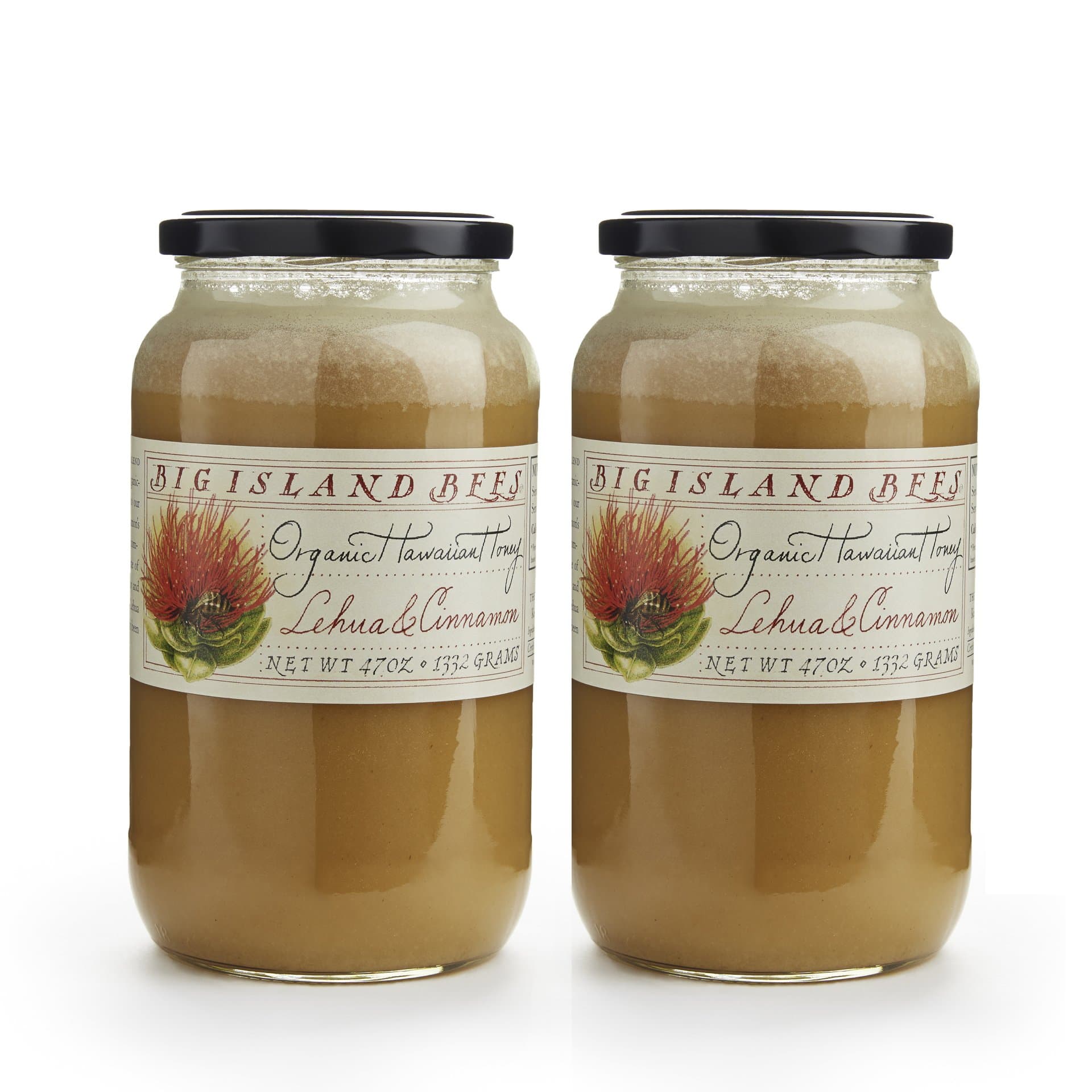 2-Pack of Big Island Bees Ohia Lehua & Cinnamon Honey, Organic Raw Hawaiian Honey - (Two Large 47 oz Glass Jars)