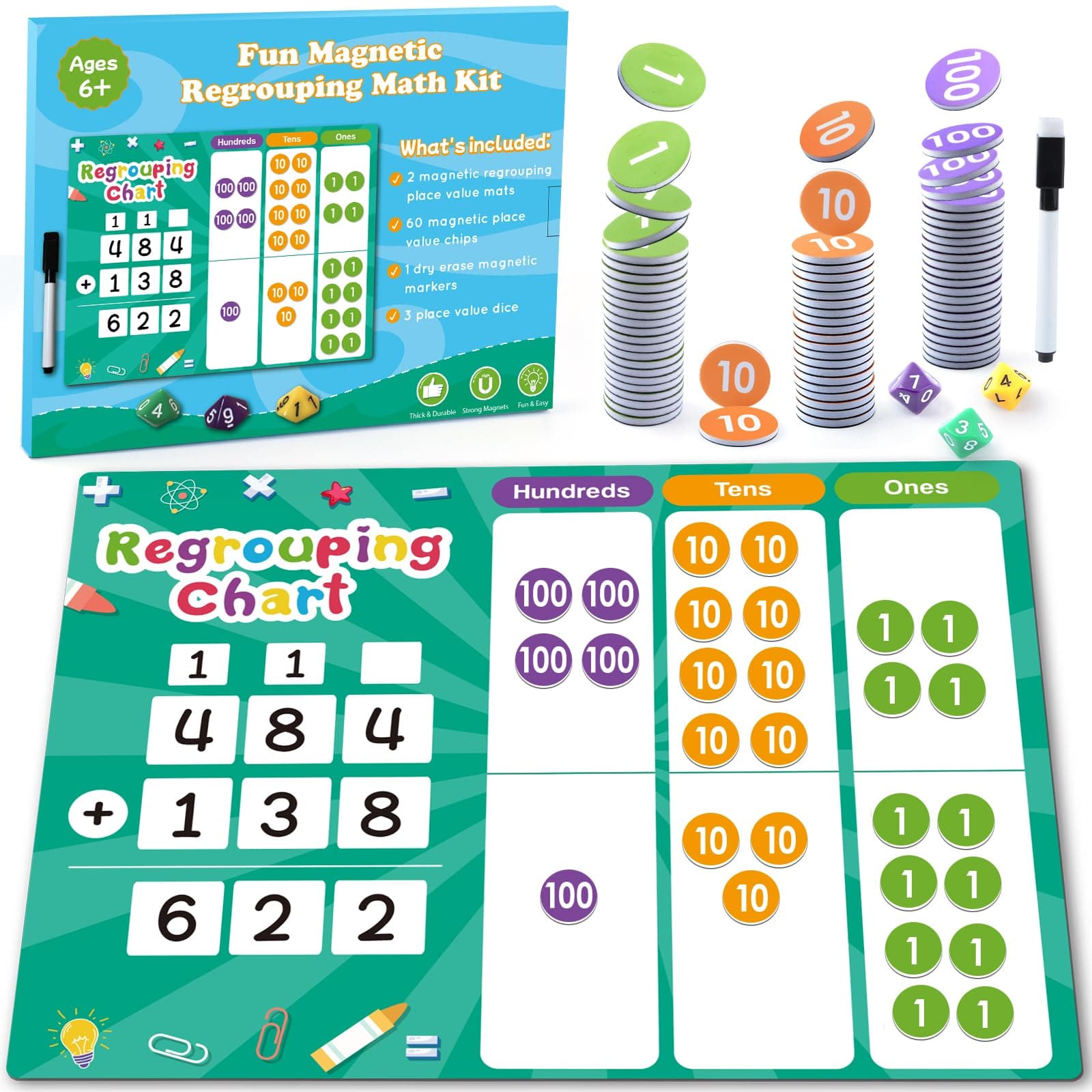 Distasio Regrouping Math Base Ten Place Value - Addition and Subtraction Math Manipulatives Education Supplies, Magnetic Dry Erase Board Math Games Classroom Must Haves for Kids 1st 2nd 3rd Grade