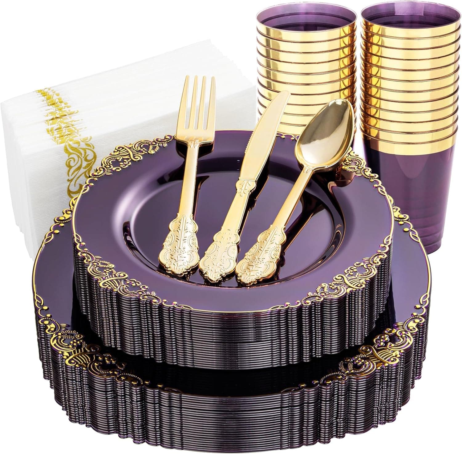 Nervure 175PCS Clear Purple Plastic Plates - Purple Party Plates Set for 25 Guests Include 25Dinner Plate, 25Dessert Plate, 25Cups, 75 Cutlery, 25Napkins Perfect for Wedding, Party & Bridal