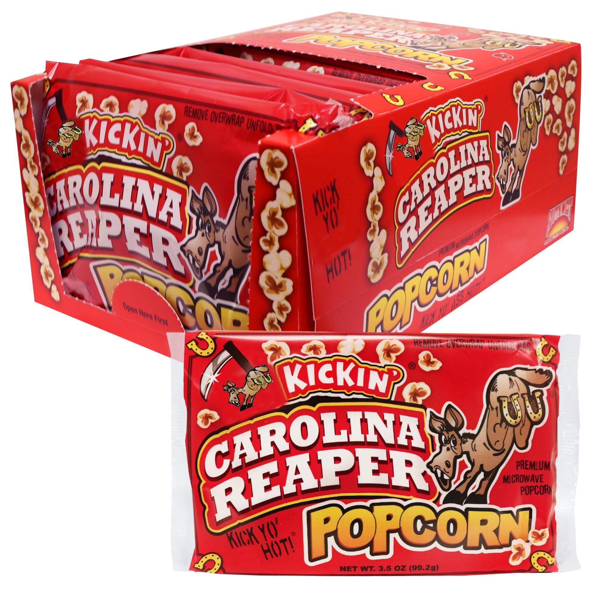 ASS KICKIN’ Carolina Reaper Pepper Microwave Popcorn – 12 Pack - Ultimate Spicy Gourmet Gift Popcorn - Makes a Great Movie Theater Popcorn or Snack Food - Try if you dare!