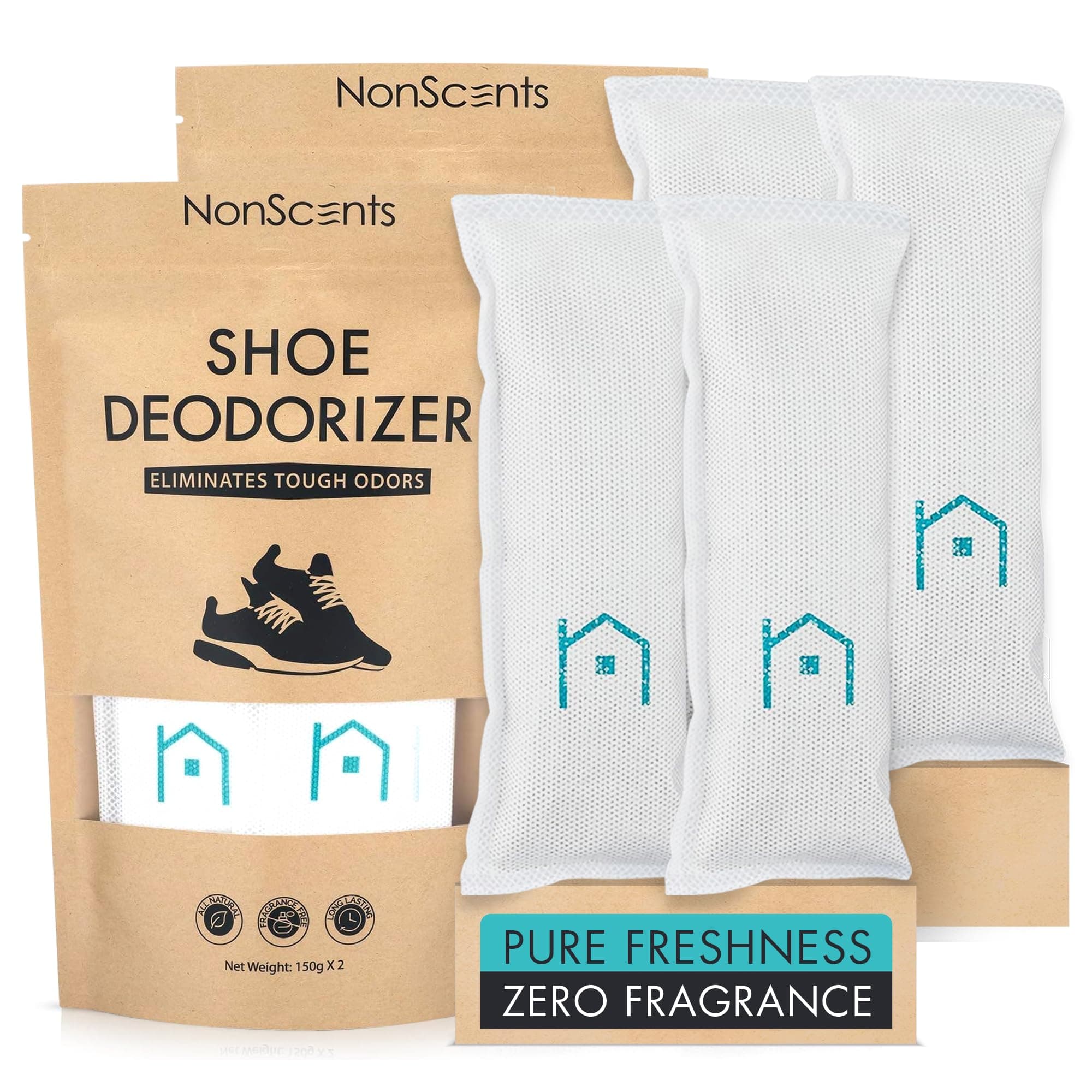 NonScents Shoe Deodorizer 2-Pack (4 Count) - Odor Eliminator, Air Freshener, Smell Absorber, Scent Remover for Shoes, Gym Bags, Soccer Cleats, Closets, Pet Area, Reusable - Shoe Deodorant