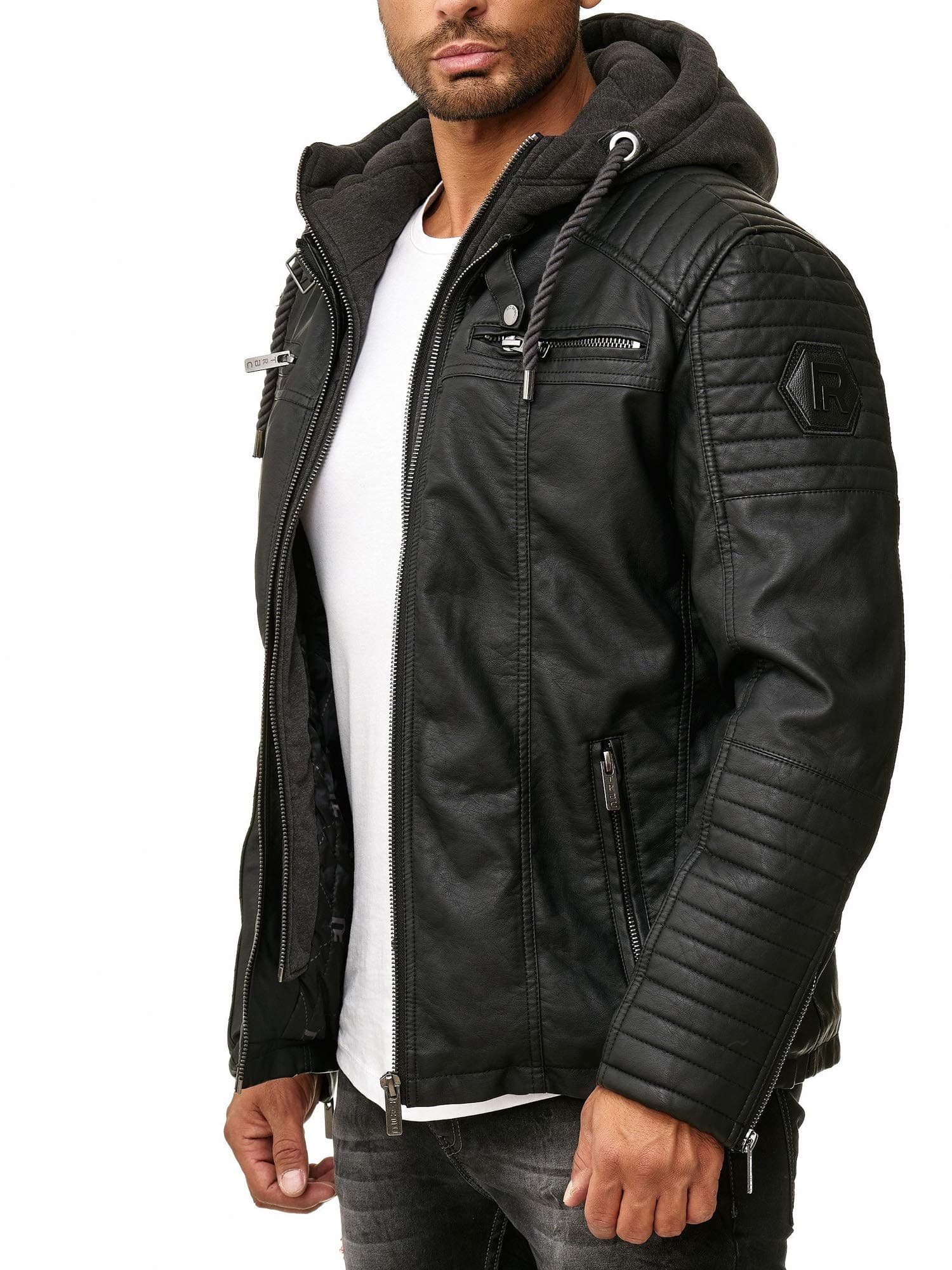 RED BRIDGEMen's Faux Lether Jacket Transition Biker Jacket with Hooded Modern 2in1