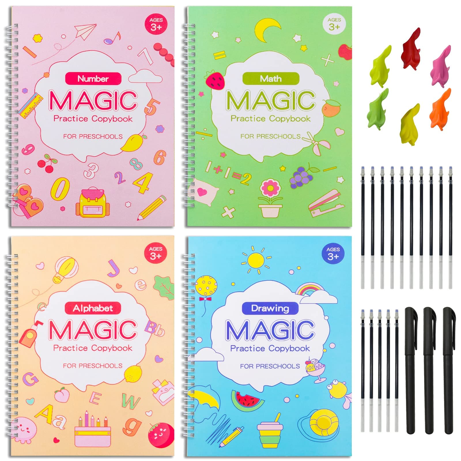 YAMMI Reusable Large Handwriting Practice, 4 Pack Magic Practice Copybook, Learning Handwriting Tools Kit, Writing Books with Pen Refills (10.3in×7.3in)