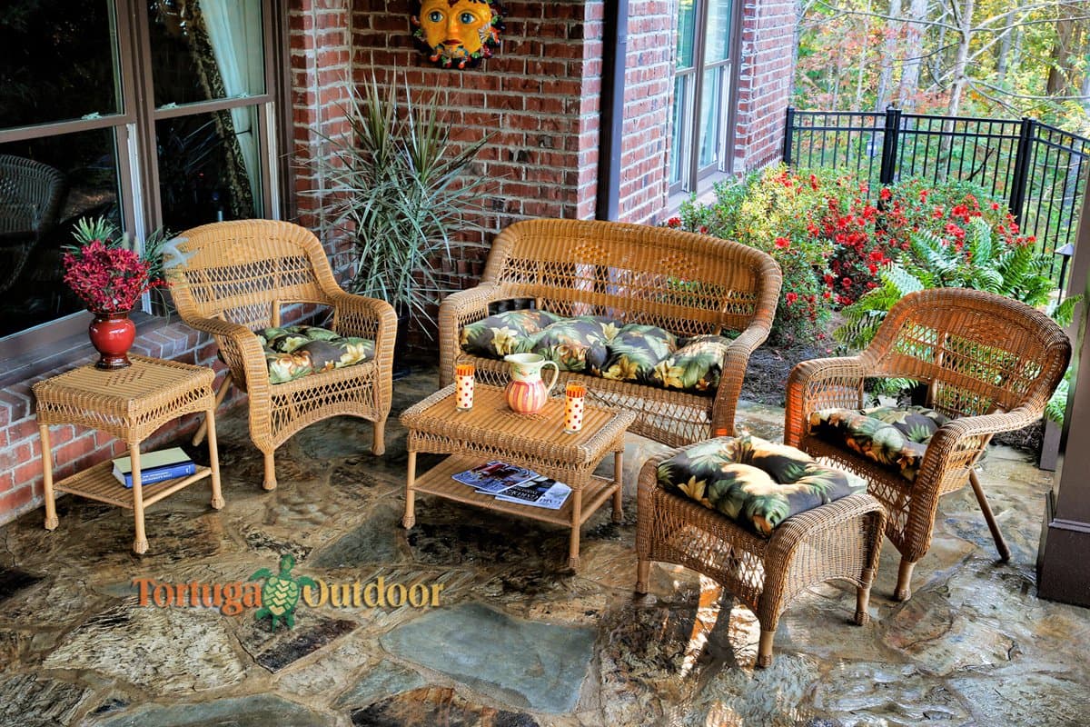 Tortuga Portside 6 Piece Wicker Outdoor Seating Set, Amber Wicker, Callie Coffee Fabric