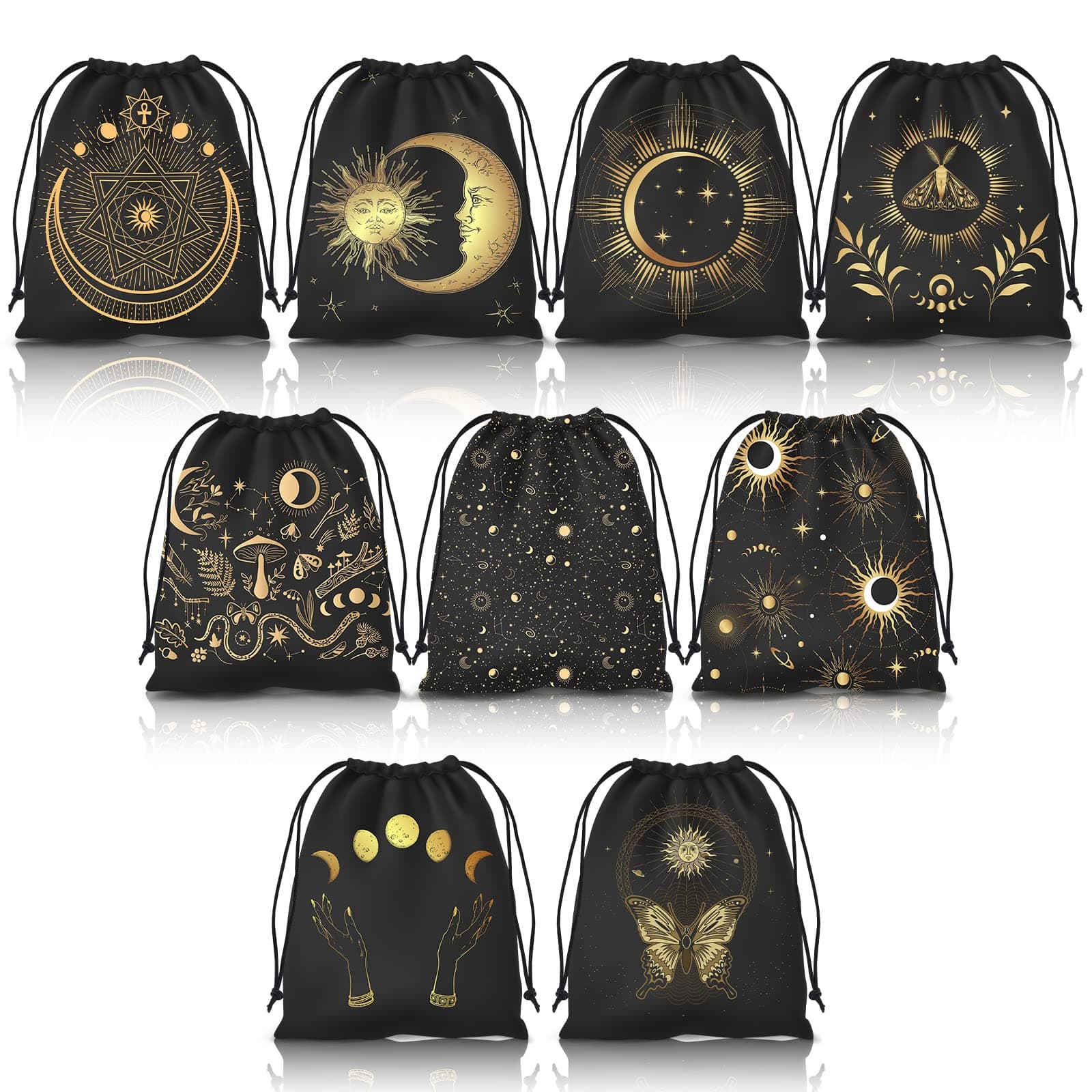 9PCS Tarot Bags Velvet Storage Pouches with Drawstrings, Black and Gold, 7.1 x 6.3 Inches
