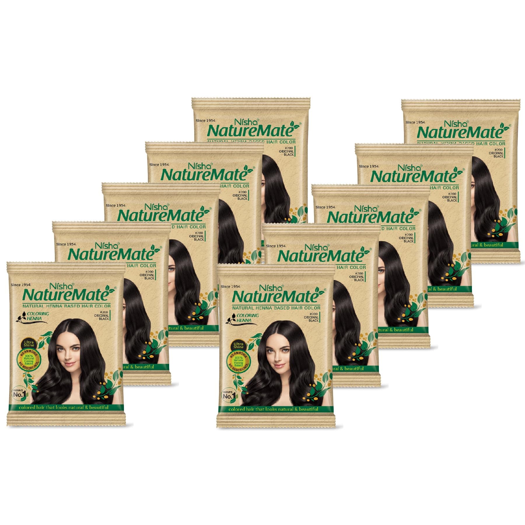 Nature Mate Henna Based Hair Color Powder Without Ammonia Natural Black 10Gm Sachet Pack of 10 (Natural Black, 10gm Pack of 10)