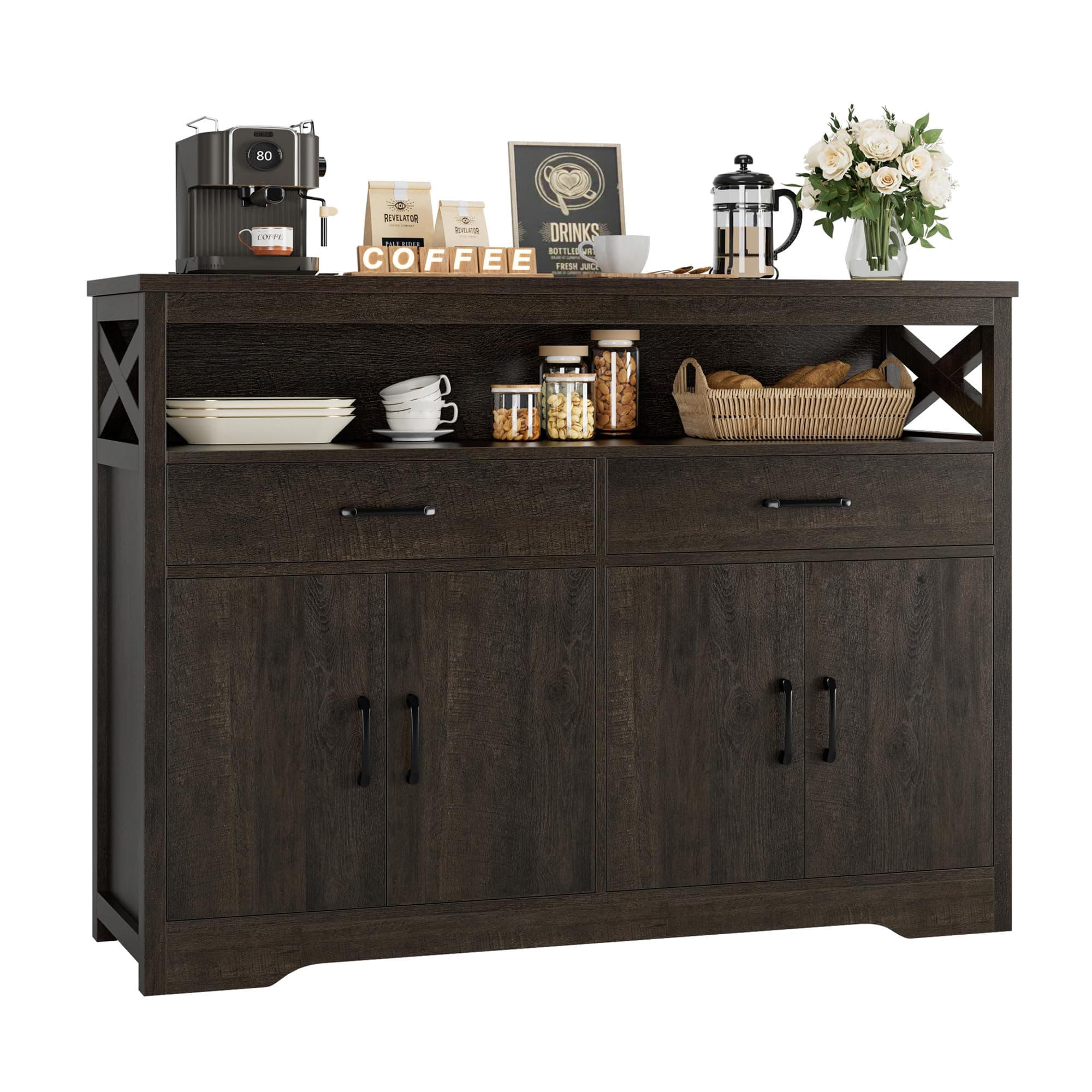 HOSTACK 47" Modern Farmhouse Sideboard Buffet Cabinet, Wood Buffet Storage Cabinet with Drawers & Shelves, Large Coffee Bar Cabinet with Storage, Microwave Stand for Kitchen, Dining Room, Dark Brown