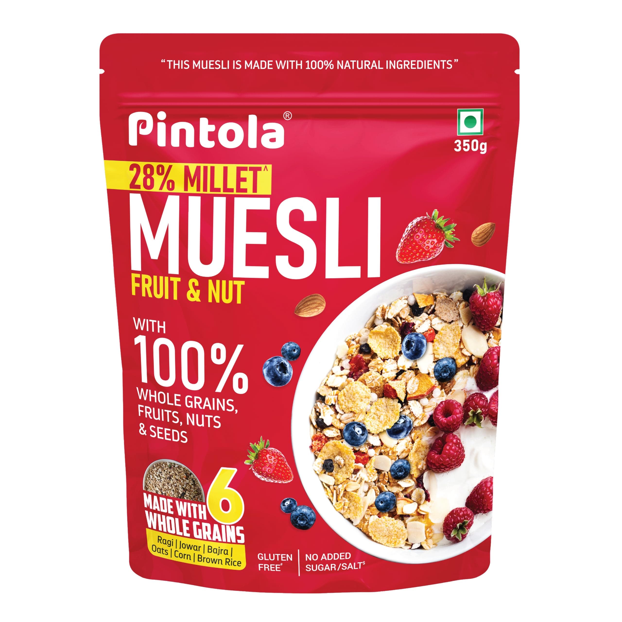 Pintola Fruit & Nut Muesli with 28% Millet & 68% Wholegrains, Fruity Breakfast cereal with 6 nuts, dried fruits & Dates, No Preservatives, No added sugar (350g (pack of 1))