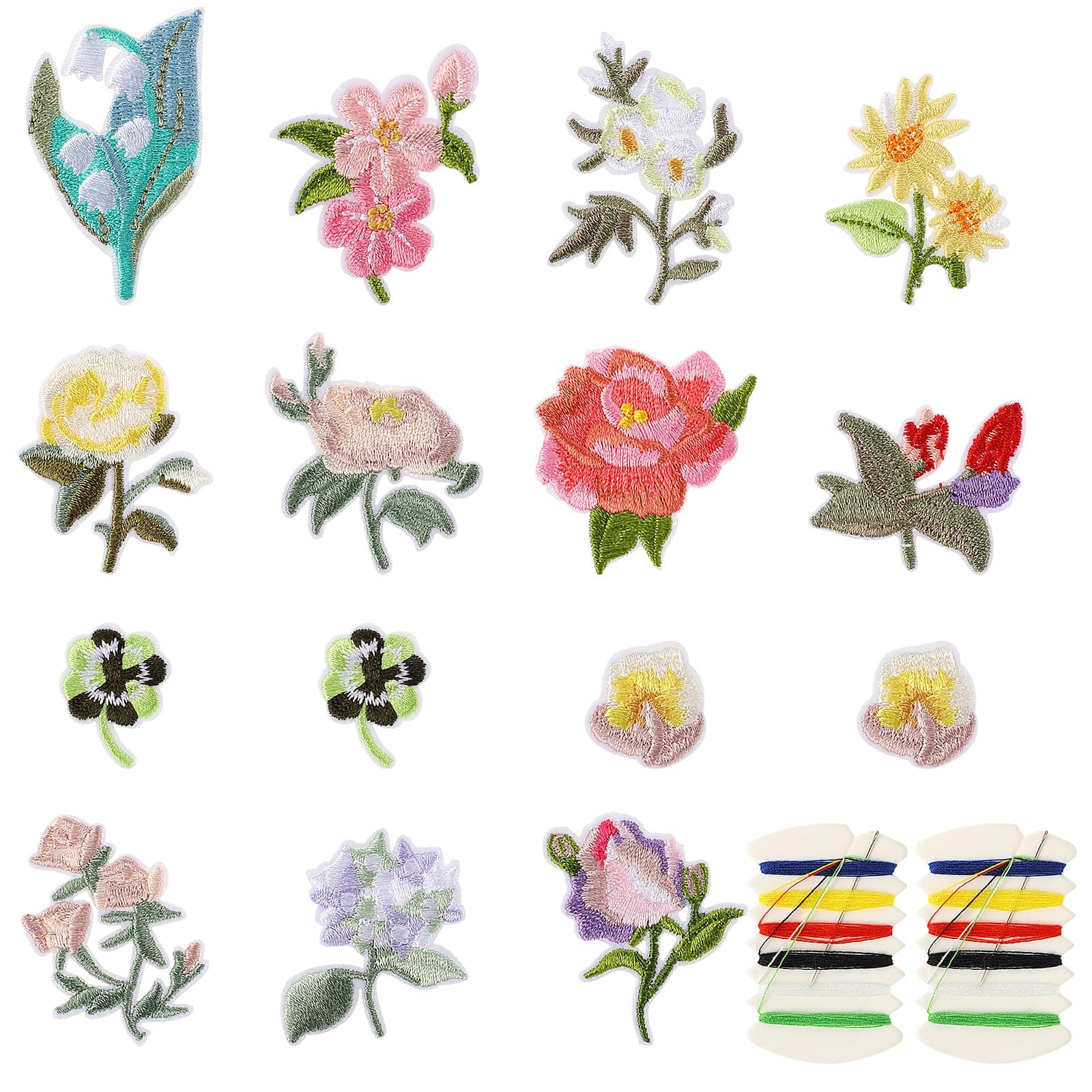 15 Pcs Mini Flowers Iron On Patches, Decorative Flower Patches, 13 Patterns Embroidered Patches with 2pcs Sewing Kit, Sew On/Iron On Patch Applique for Clothing, Jeans, Hat, Jacket, Pants