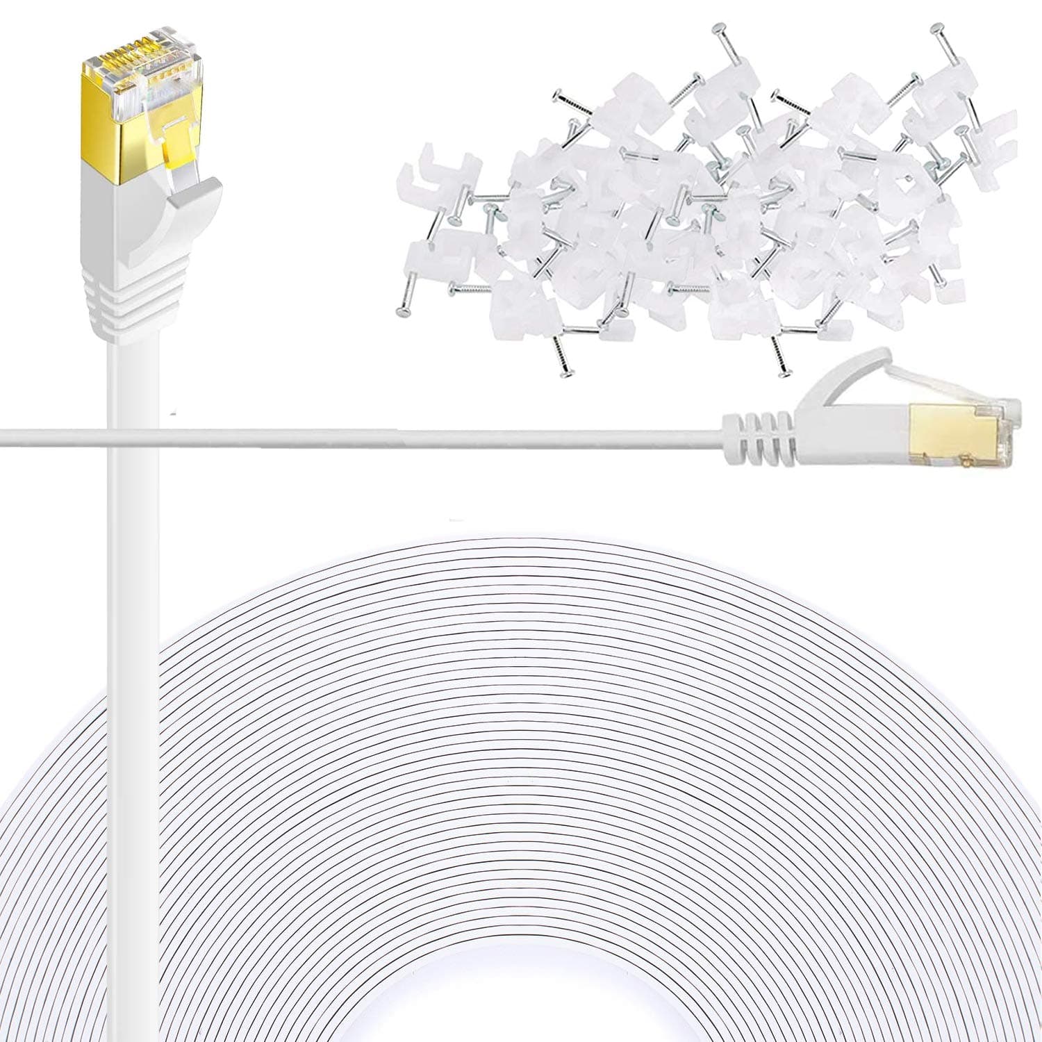 ComtelekCat 6 Ethernet Cable 150 FT Flat Internet Network Cables with Cable Clips Cat6 Ethernet Patch Cable with Snagless Rj45 Connectors White Long Computer LAN Cableï¼Ë†150FTï¼â€°