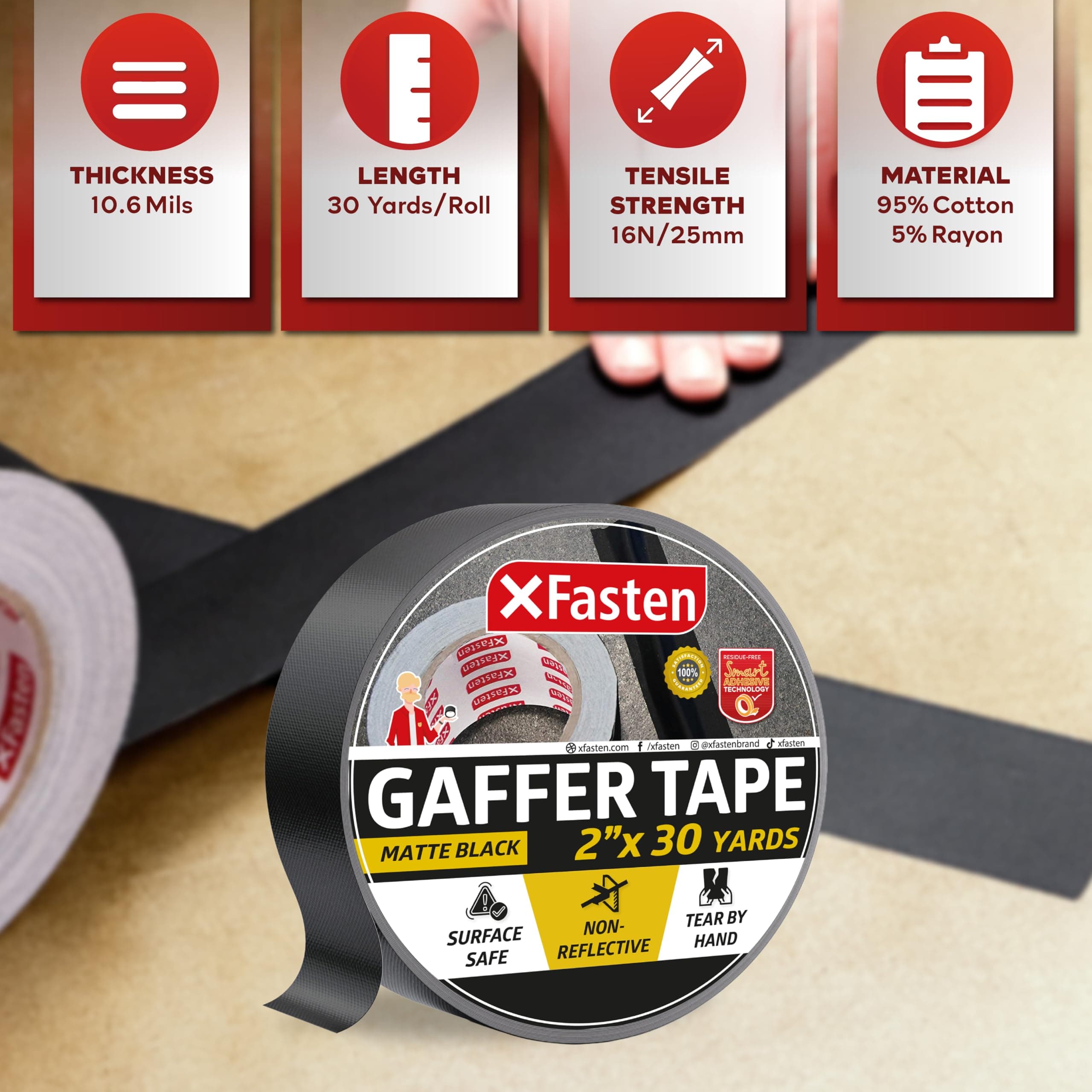 XFasten Professional Grade Black Gaffer Tape, 2 Inch X 30 Yards, Residue Free, Non Reflective and Easy to Tear Pro Gaff Tape for Photographers, DJs- Main Stage Gaffer Tape