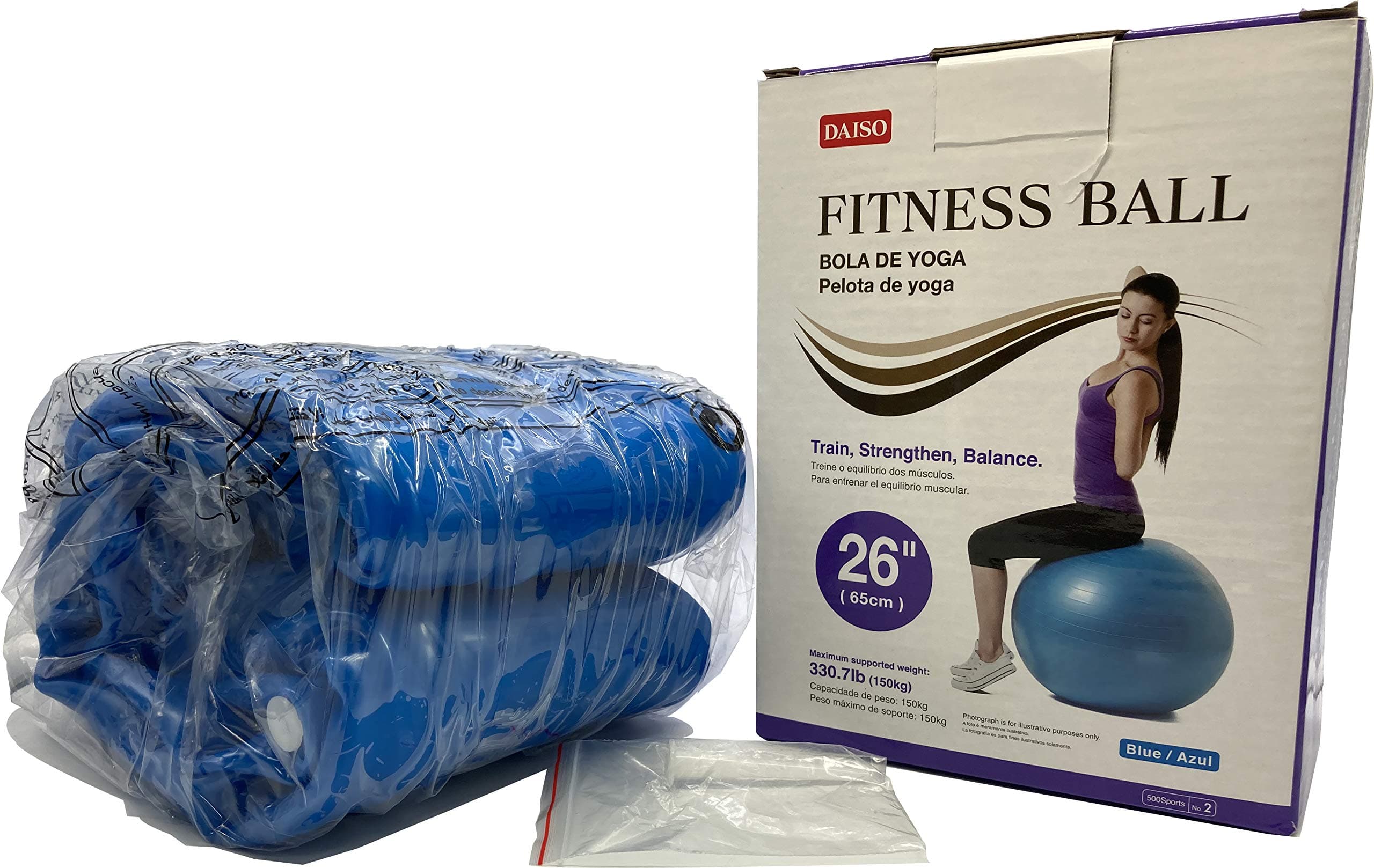 Daiso Blue Fitness Ball (Inflatable) - 26 in (65 cm) - Useful for Thigh Arm Ab Exercise Yoga
