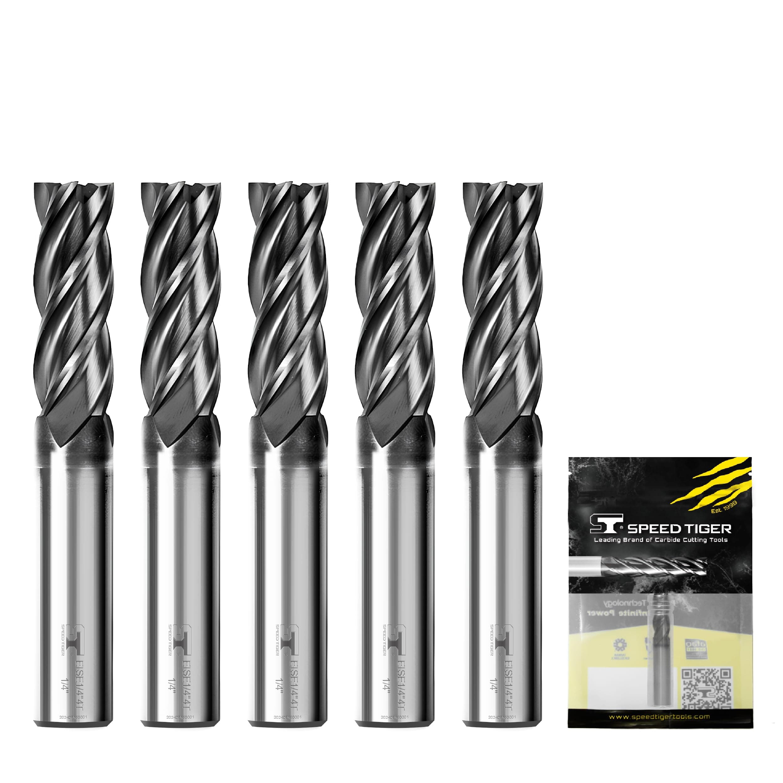 SPEED TIGER EISE 1/4" Carbide Square End Mill - 4 Flutes Milling Bits Set for Alloy Steels, Hardened Steels, Aluminum, Copper, Cast Iron, HRC 50 Deg AlTiN Coating, CNC Router Bits (5pcs)
