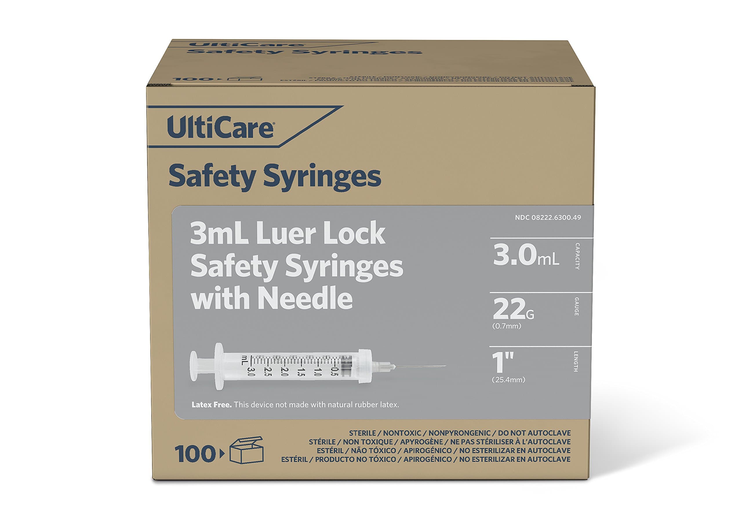 UltiCare 63004 Safety Syringes with Detachable Needle, 22 g x 1", 3 mL (Pack of 100)