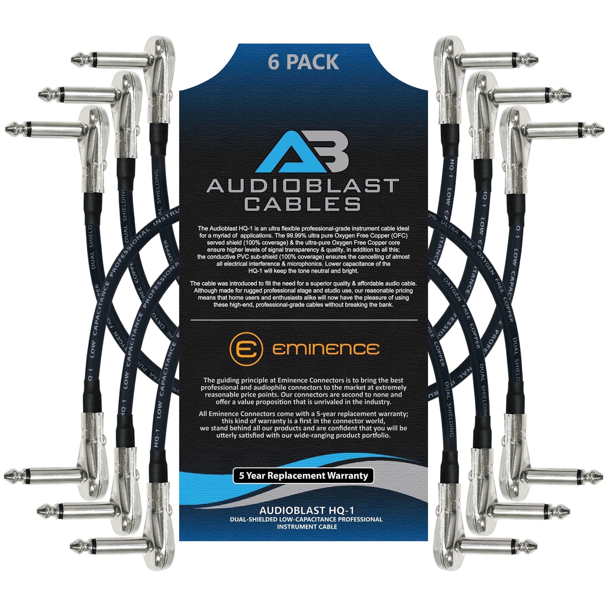 6 Units - 7 Inch - Audioblast HQ-1 - Ultra Flexible - Dual Shielded (100%) - Instrument Effects Pedal Patch Cable w/ ¼ inch (6.35mm) Low-Profile, R/A Pancake Type TS Connectors & Dual Staggered Boots