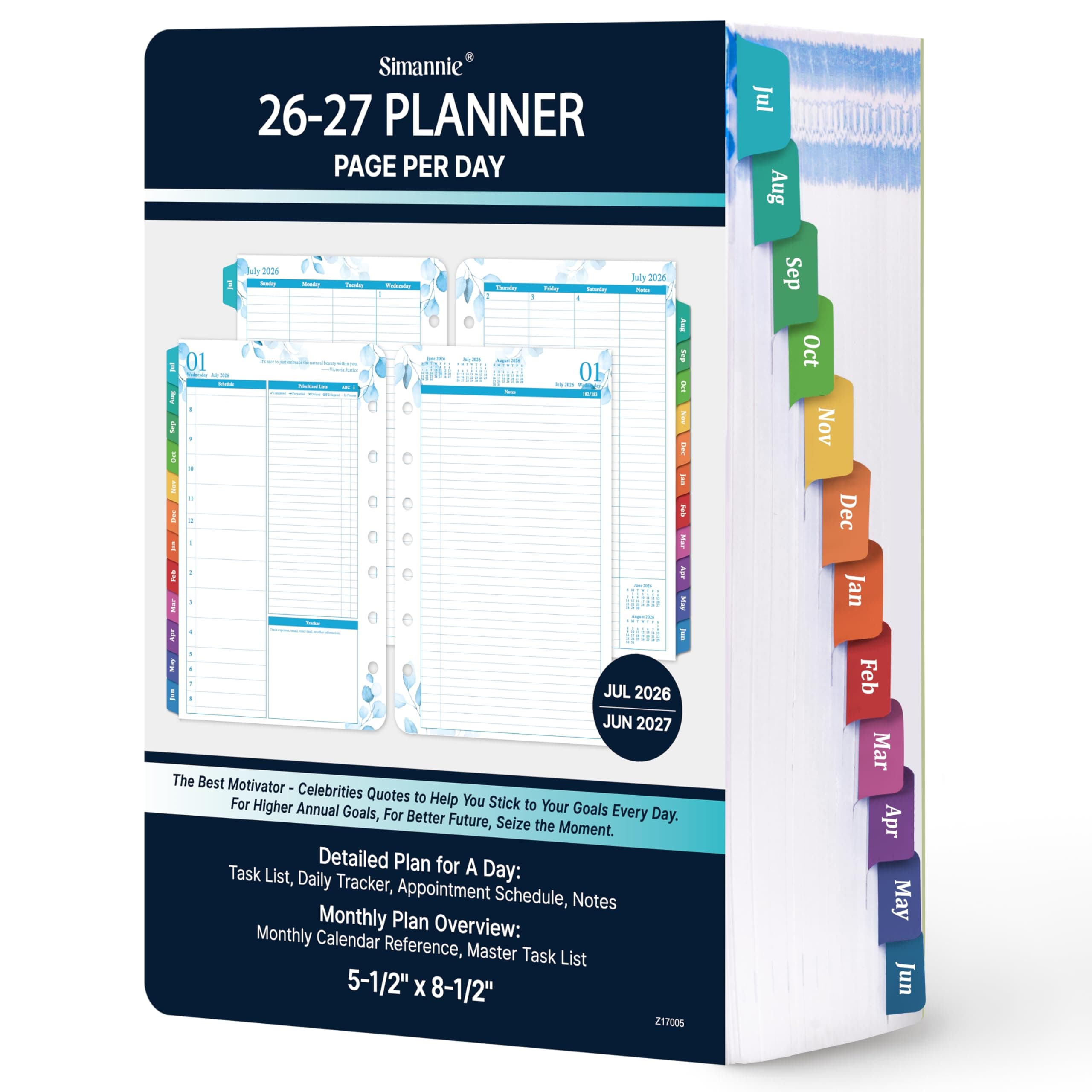 Planner Refills 2026-2027 – July 2026 - June 2027, 2026-2027 Planner Refills, Two Pages Per Day Daily & Monthly, 8.38" x 5.51", Ring-Bound with Colorful Tabs