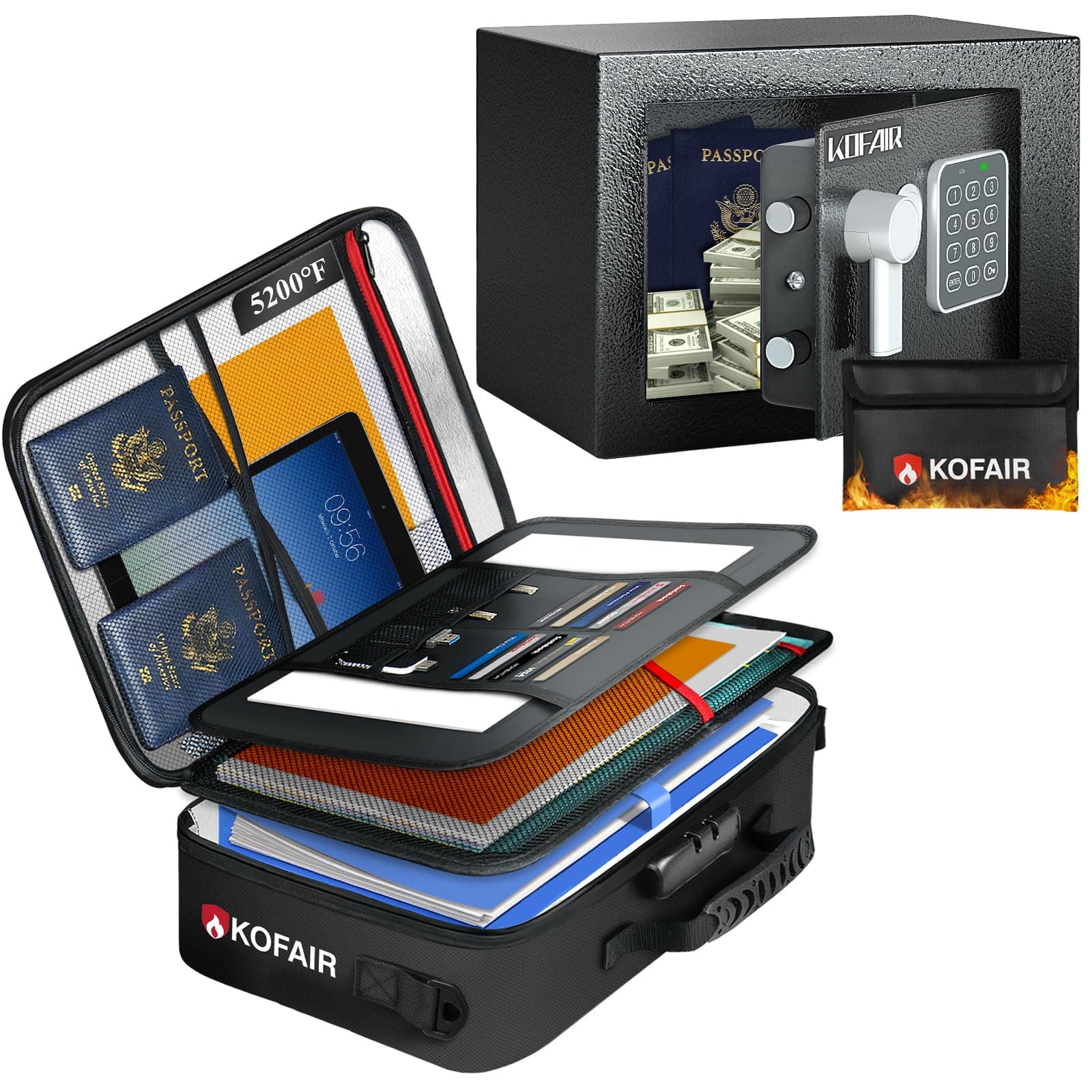 KOFAIRDocument Bag with Multi-layer Compartments and Steel Safe Box with Fireproof Money Bag