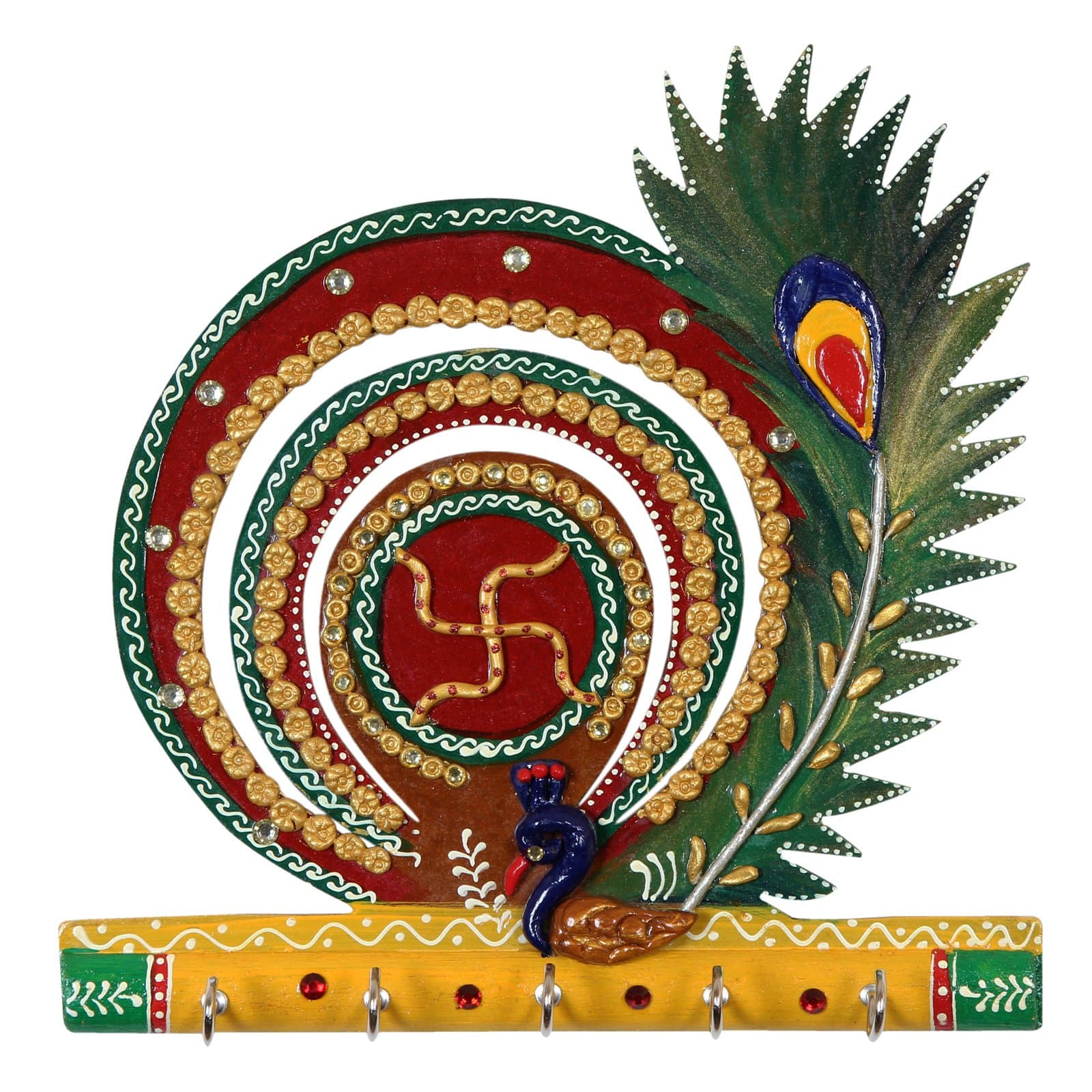 CraftsZilla MDF Wood, Papier Mache Peacock Feather Key Holder (Red, 24 x 24 cm)