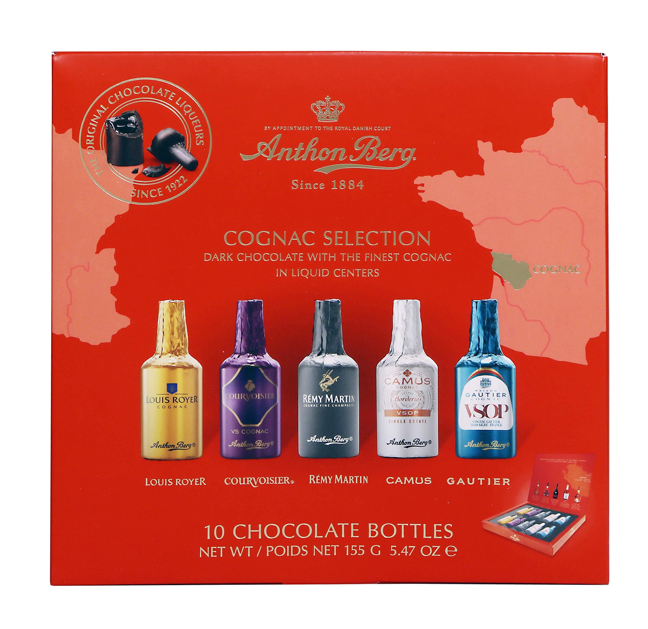 Anthon Berg - Chocolate Liqueurs - 5 Premium French Cognacs - 10 bottles 155g - With a Delicious Liquid Filling, Multi, (Pack of 1)