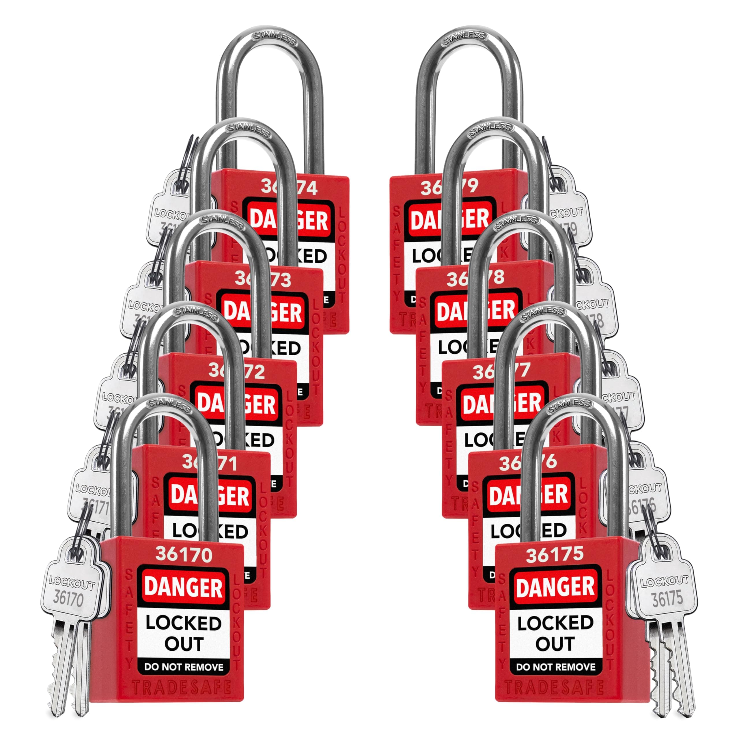 TRADESAFE Lockout Tagout Locks Set - 10 Red Loto Locks, Lockout Locks Keyed Different, 2 Keys Per Lock, OSHA Compliant Lock Out Tag Out Padlocks, Safety Padlocks for Electrical Lockout Tag Out Kits