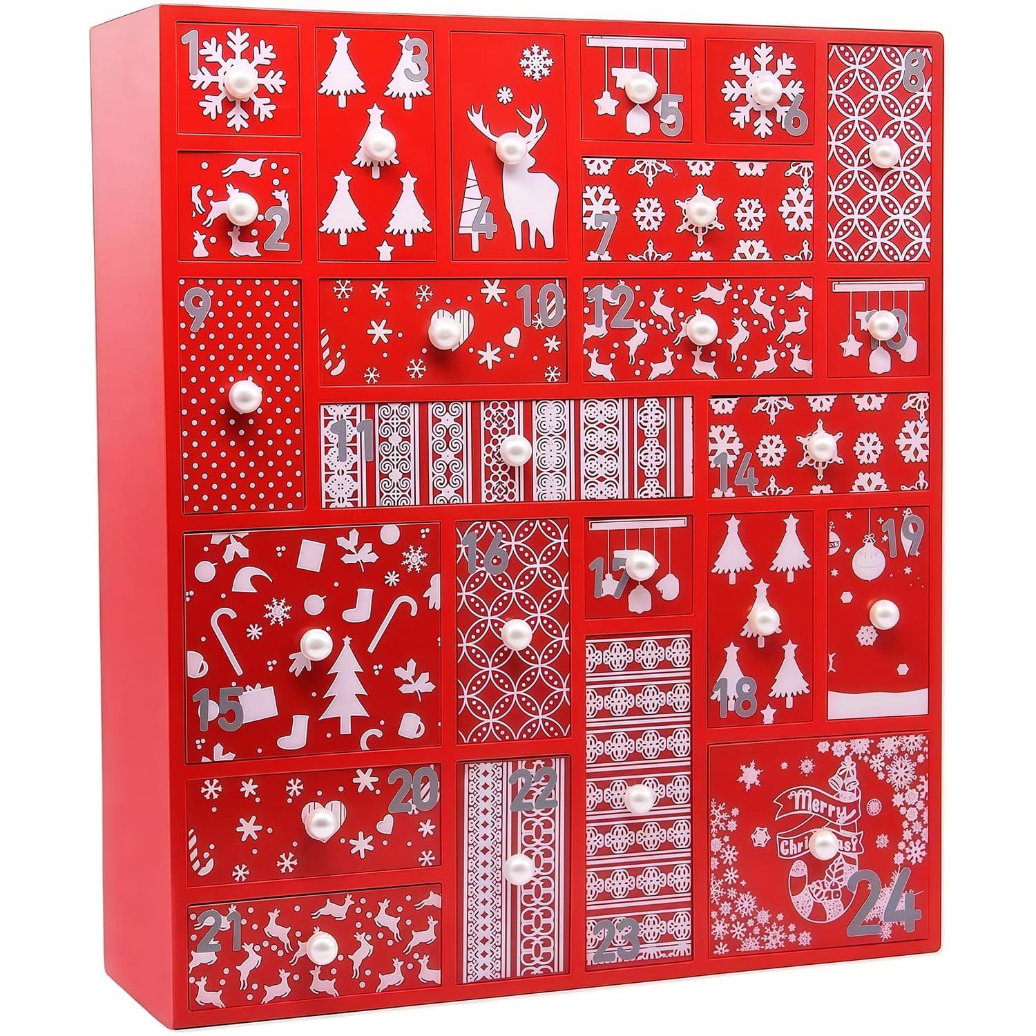 Juegoal Red Advent Calendar with 24 Drawers Countdown to Christmas, Refillable Wooden Advent, 15 Inches Tall