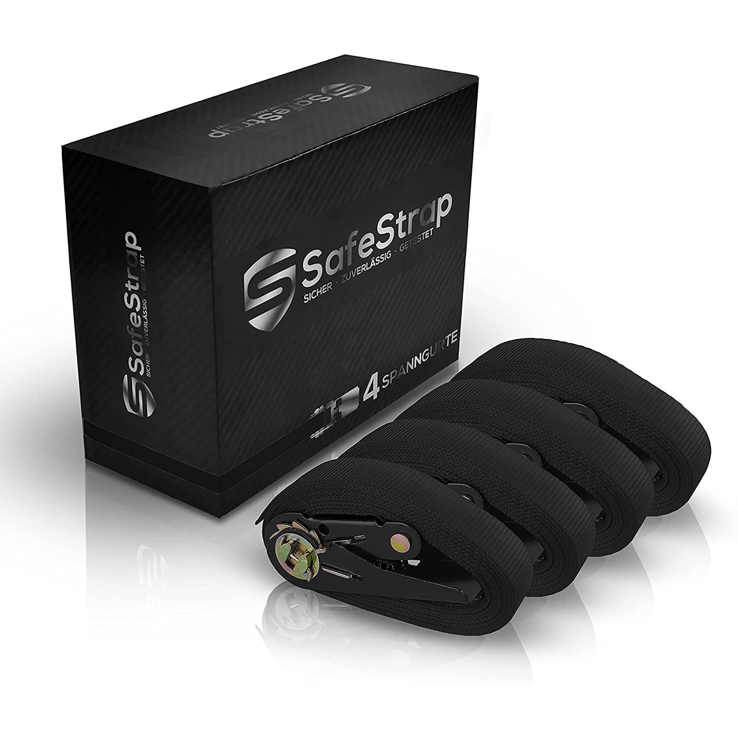 Extremely Robust Tie Down Ratchet Straps - 1600kg capacity - 4 Pack 6m - EN 12195-2 Compliant Test Winner - Black