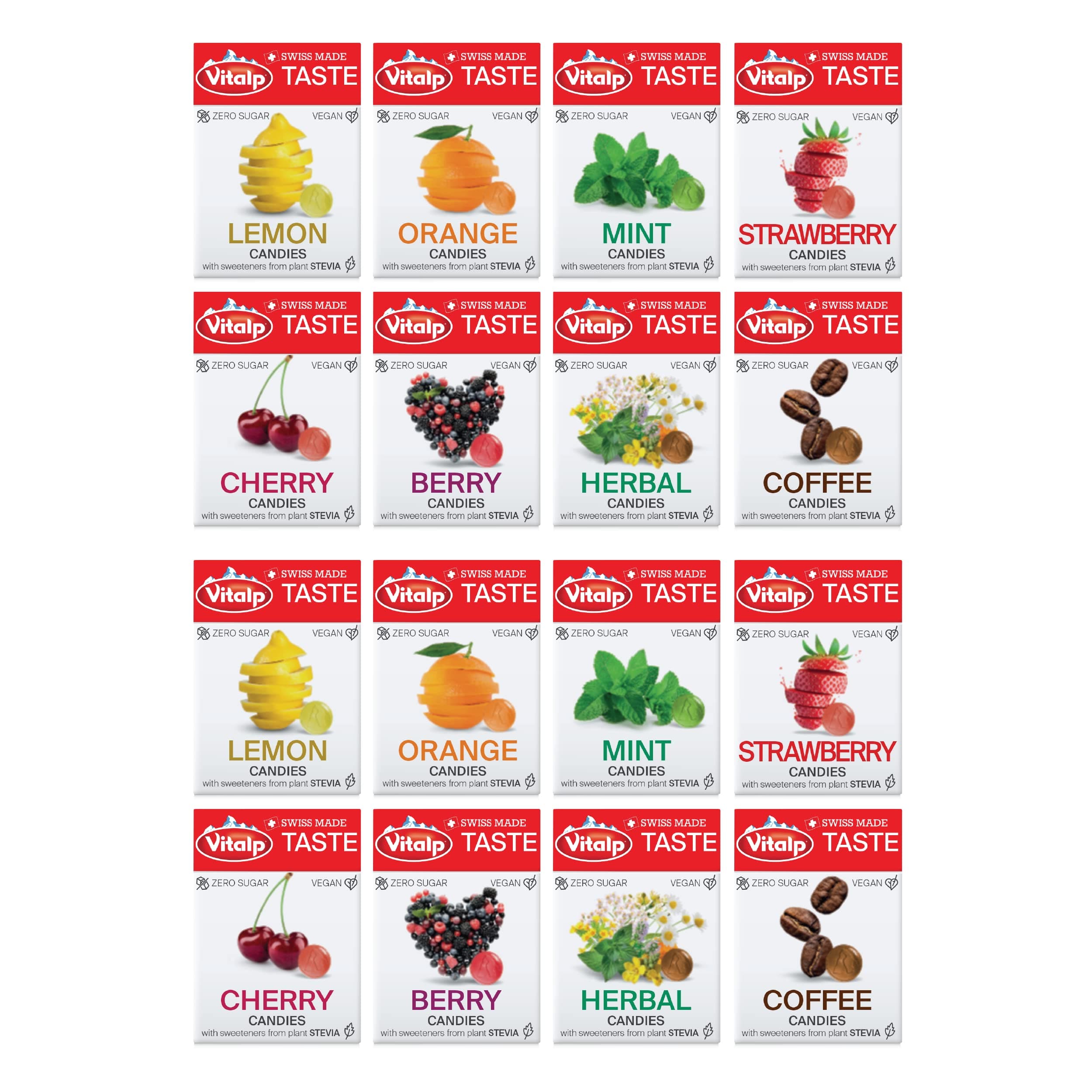 Vitalp Taste, Swiss Made, Sugar Free Candy with Stevia, Vegan, Variety Pack, 2 Boxes of Lemon, Strawberry, Orange, Berry, Cherry, Coffee, Mint, and Herbal, 25g/0.88 Ounce Packs, 16 Boxes Total