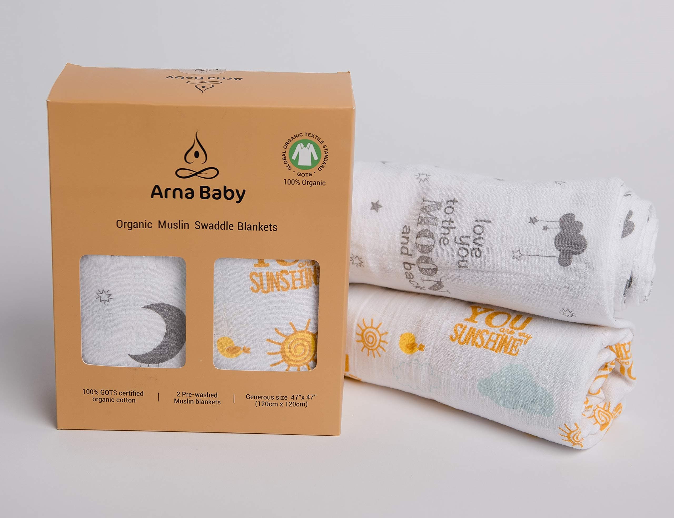 Arna Organic Swaddle Blankets 2 Pack | Multi-use Receiving Blankets | Unisex Baby Gift | 100% GOTS Certified Muslin Cotton