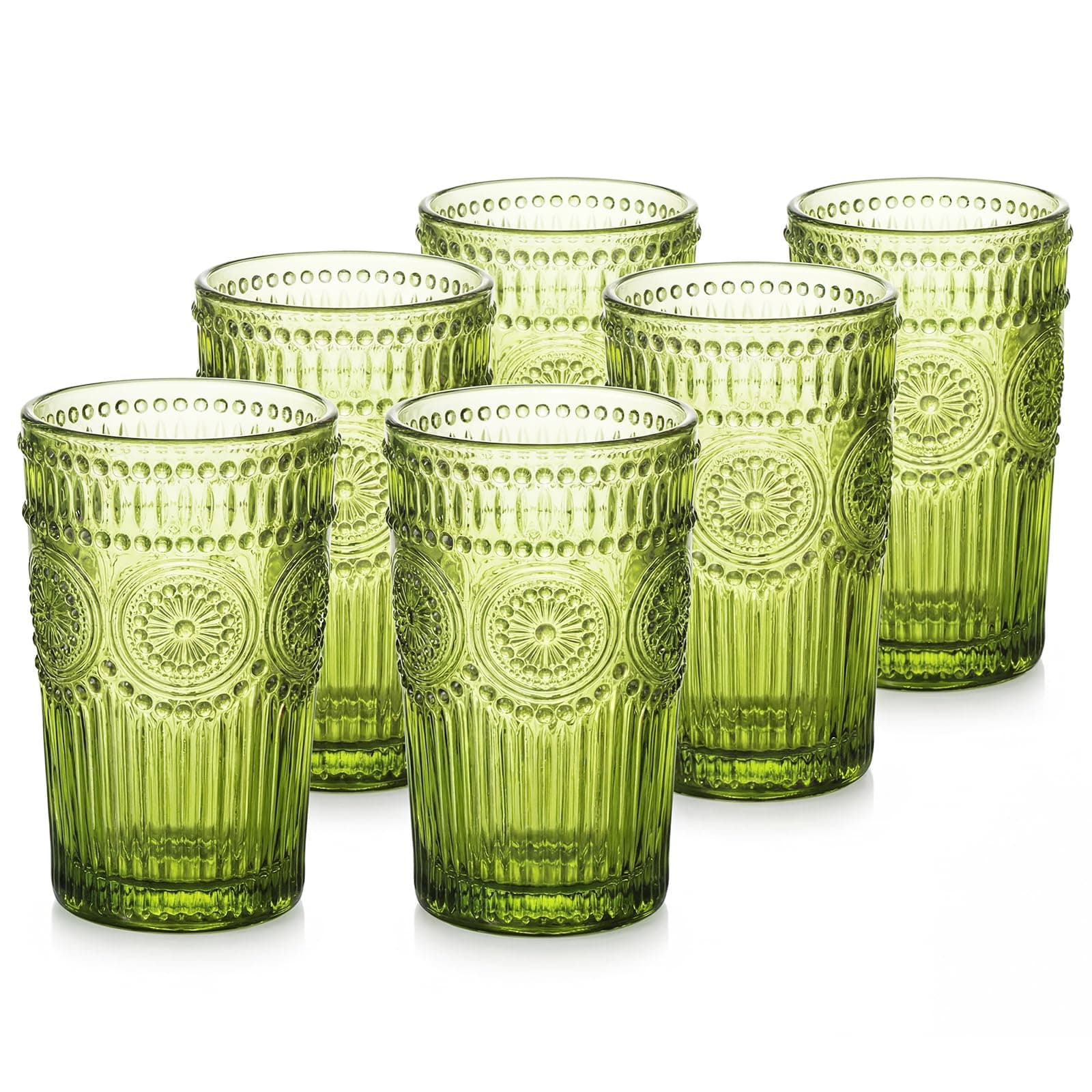 Kingrol Vintage Embossed Drinking Glasses Set of 6, 12 oz Colored Highball Glassware, Thick Lead‑Free Green Glass Cups for Cocktail, Juice & Water, Romantic Wedding & Housewarming Gift
