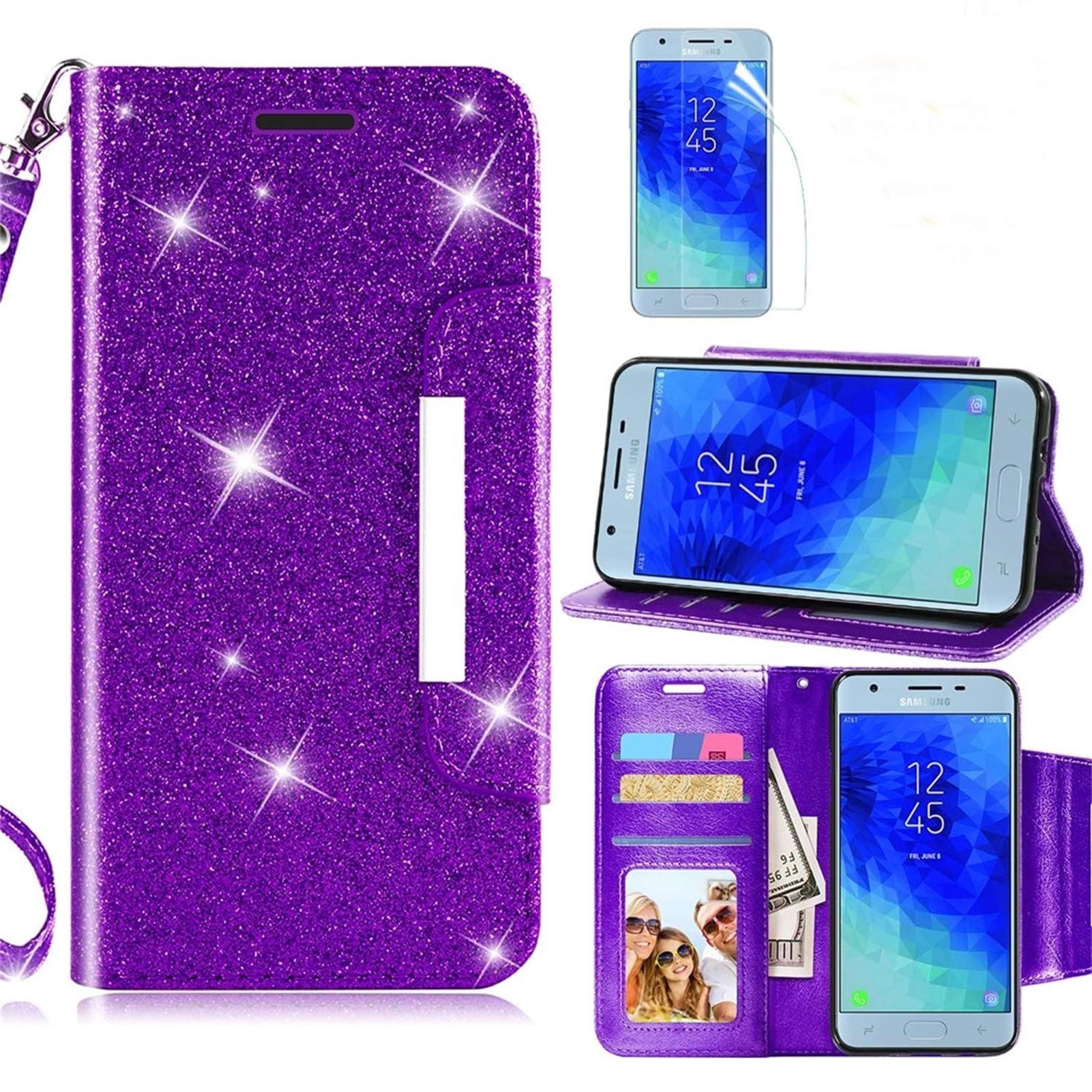 Samsung Galaxy J3 2018 Case,J3 Aura/J3 Star/J3V J3 V 3rd Gen/J3 Orbit/J3 TOP/J3 Express Prime 3/Amp Prime 3/Sol 3 Wallet Case w Screen Protector,Kickstand Leather Case for Galaxy J3 Achieve,Purple