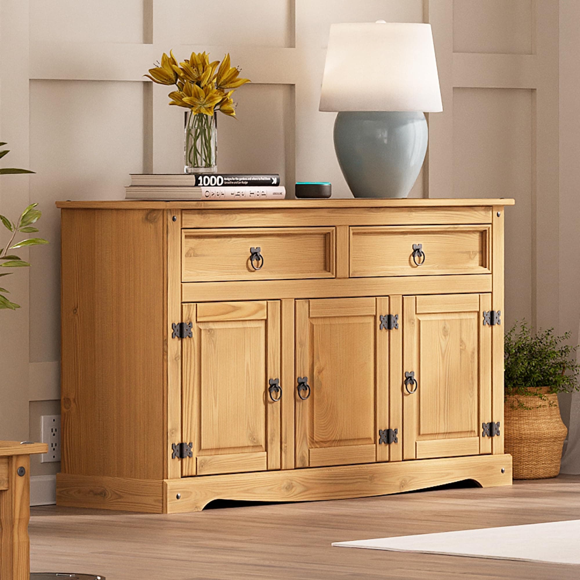 Furniture Dash Solid Wood Storage Cabinet 51.9" W, 16.9" D, 31.7" H - Sideboard Buffet with 3 Doors & 2 Drawers, Ideal for Living Room, Kitchen, Dining Room & Hallway - Antique Brown