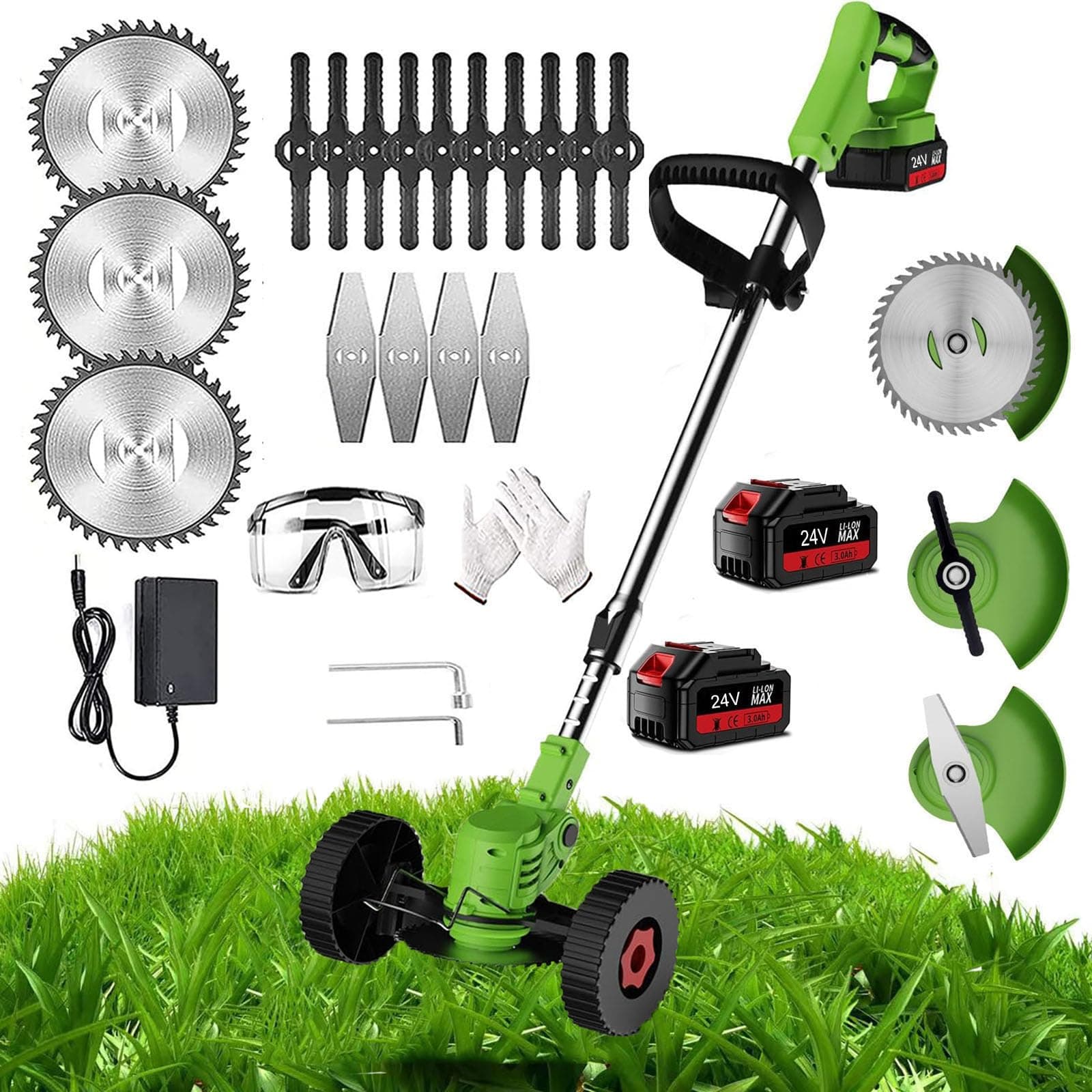 Metal Blade Cordless Strimmer Electric Garden Strimmers with Blades Grass Trimmers with 24V Li-ion Batteries and Fast Charger,3 Types Blades 90° Head Pivots Lightweight Brush Cutter