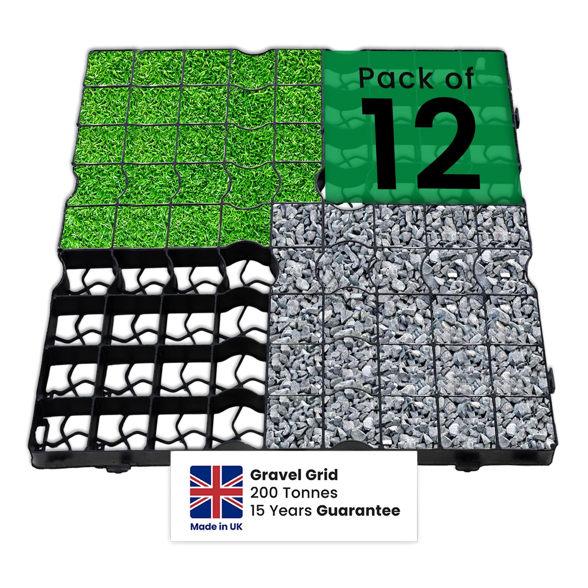 Plastic Shed Base - Sturdy Driveway Grids and Lawn Mats, Gravel Grid Grass Mat Combo, UK-Made Grass Grids, Garden Path Ground Matting for Gravel Stabiliser, Rubber Grass Mats, Pack of 12