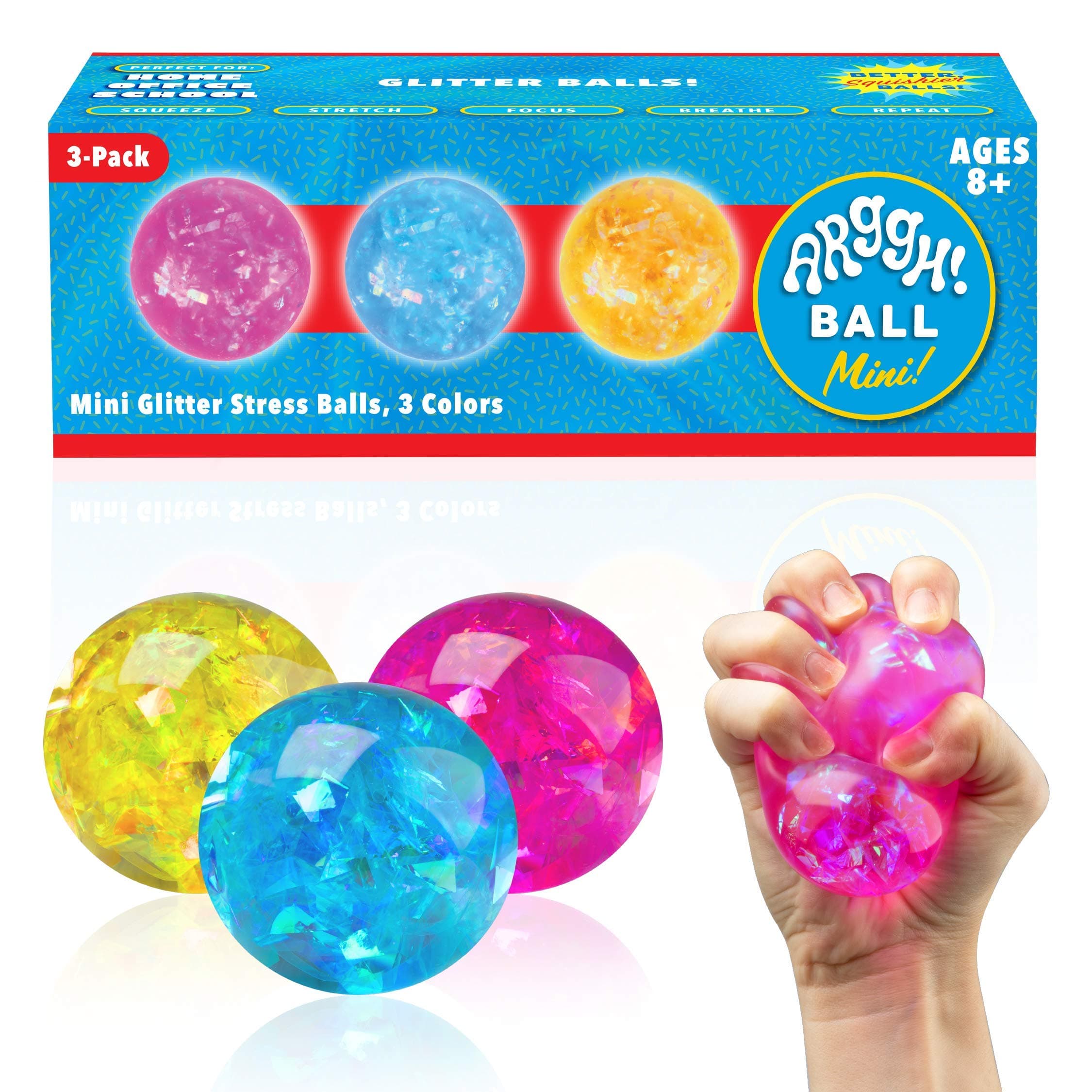 Arggh Glitter Mini Stress Balls for Adults and Kids - 3pk Squishy Stress Ball Fidget Toys, Sensory Toys and Stress Relief Mini Squishy Toys Squeeze Ball Toy (Yellow, Pink, Blue)