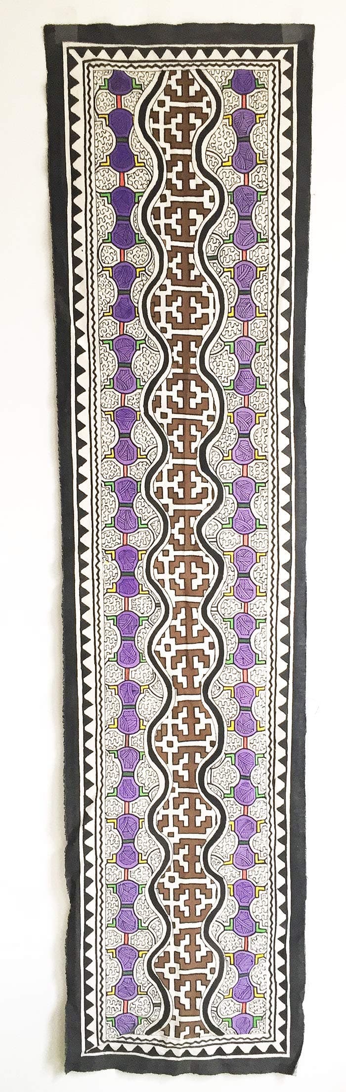 Vintage Shipibo Indian Art Hand Printed Ayahuasca Textile Cloth Tapestry, Table Run, 62" x 15"