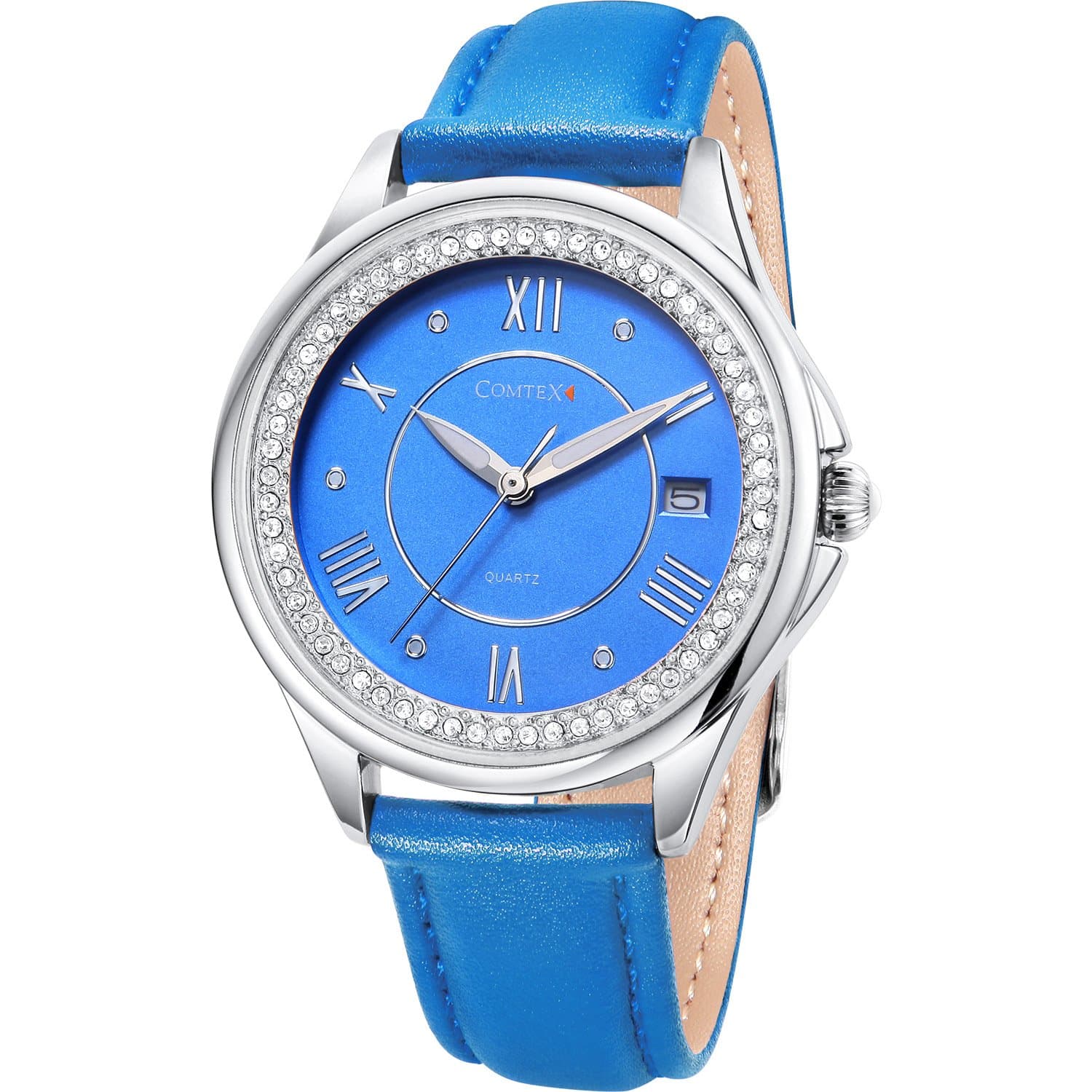 COMTEX Women’s Watches Blue Leather with Crystal Roman Number Calendar Display