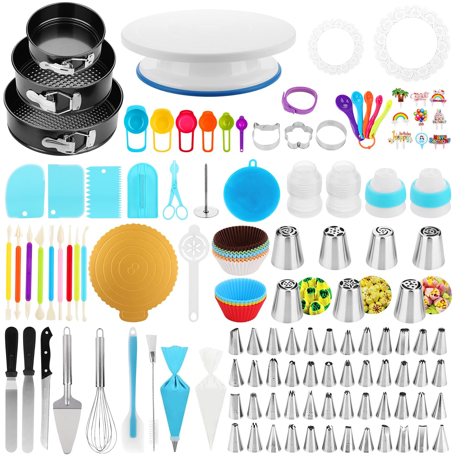 Cake Decorating Supplies Kit, Duerer 420 PCS Baking Tools with Cake Rotating Turntable, 3 Set Springform Pans, 48 Icing Tips, 7 Russian Nozzles, Cake Decorating Tools Set for Beginners