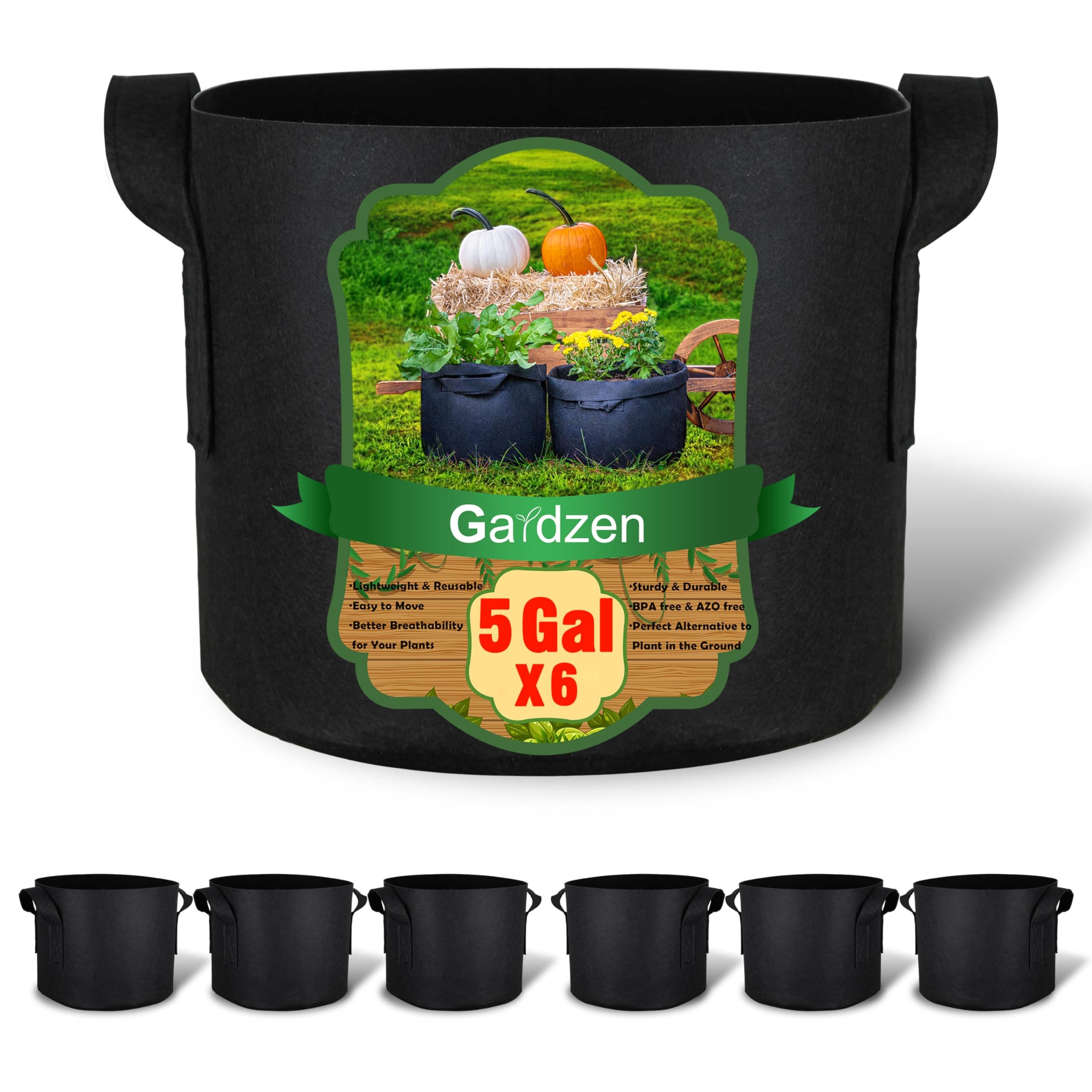 Gardzen 6-Pack 5 Gallon Grow Bags, Aeration Fabric Pots with Handles, Heavy Duty Cloth Pots for Plants