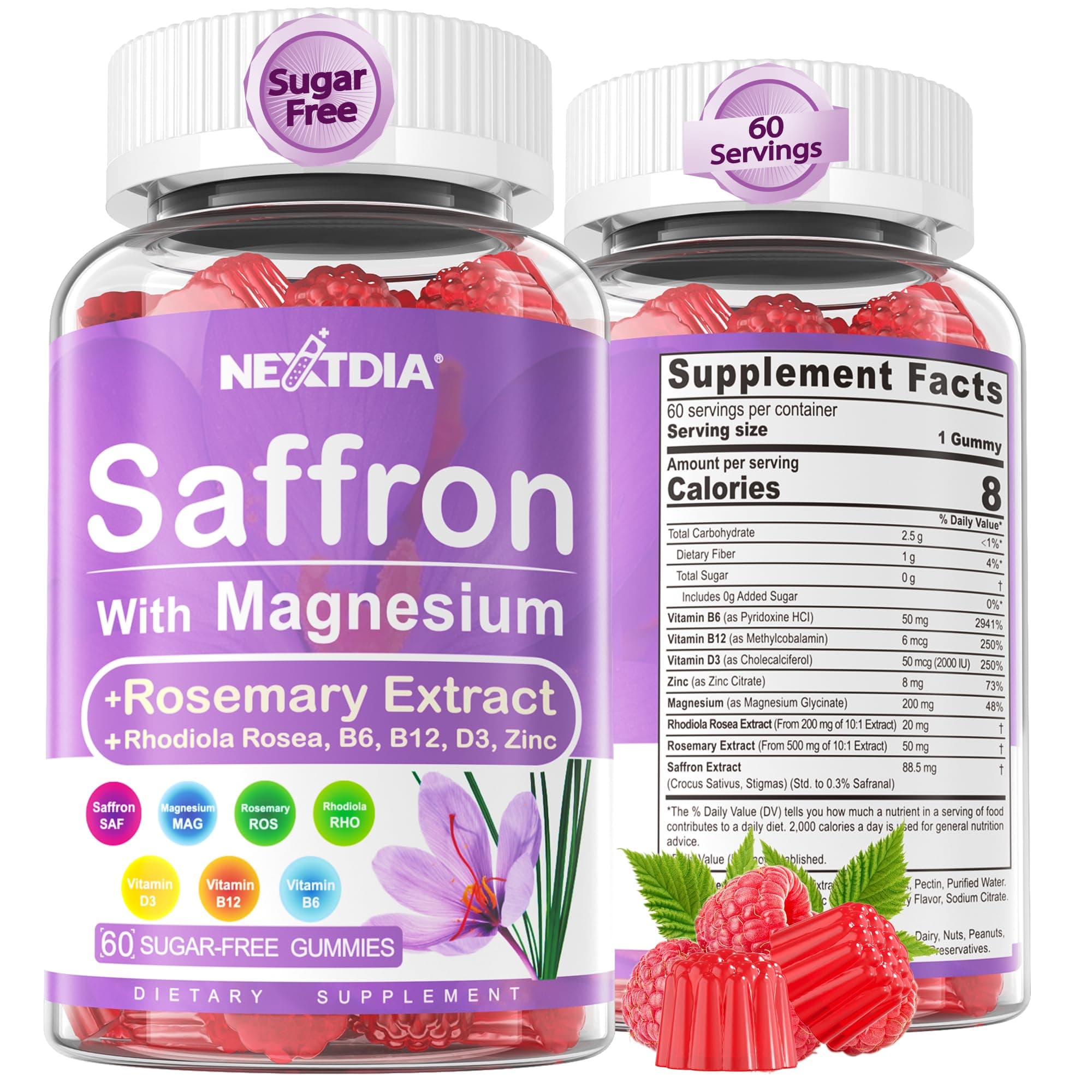 Saffron with Magnesium Glycinate Gummies, 2 Months Supply -Sugar Free Magnesium 400/200mg w/Saffron,Rhodiola,Rosemary, B6,B12,D3 for S-leep, Calm,Focus, Relax, Nerve, Melatonin Free Gummies